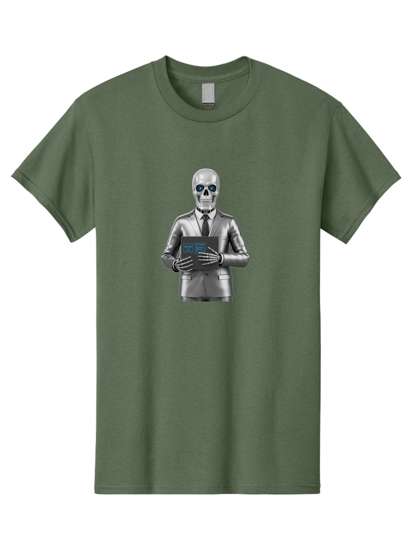 Silver-Skeleton Men'S Graphic Tee, 100% Cotton, Comfortable Casual Summer Wear, Machine Washable, Silver Skeleton In Suit, Futuristic Business Attire, Skeletal Businessman, Chrome Finish, Blue Glowing Eyes, Black Tie, Black Tech Tablet, Bad566