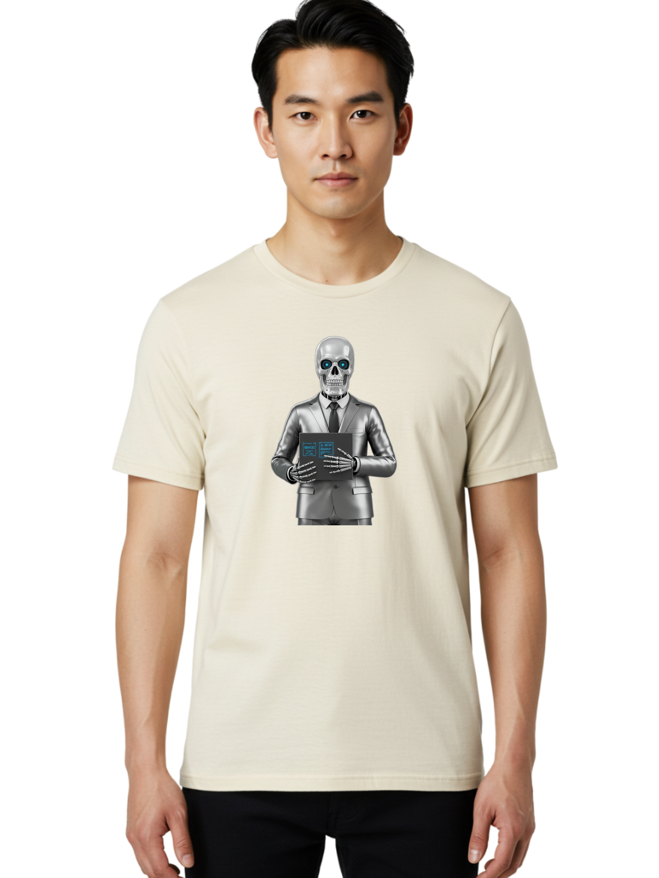 Silver-Skeleton Men'S Graphic Tee, 100% Cotton, Comfortable Casual Summer Wear, Machine Washable, Silver Skeleton In Suit, Futuristic Business Attire, Skeletal Businessman, Chrome Finish, Blue Glowing Eyes, Black Tie, Black Tech Tablet, Bad566
