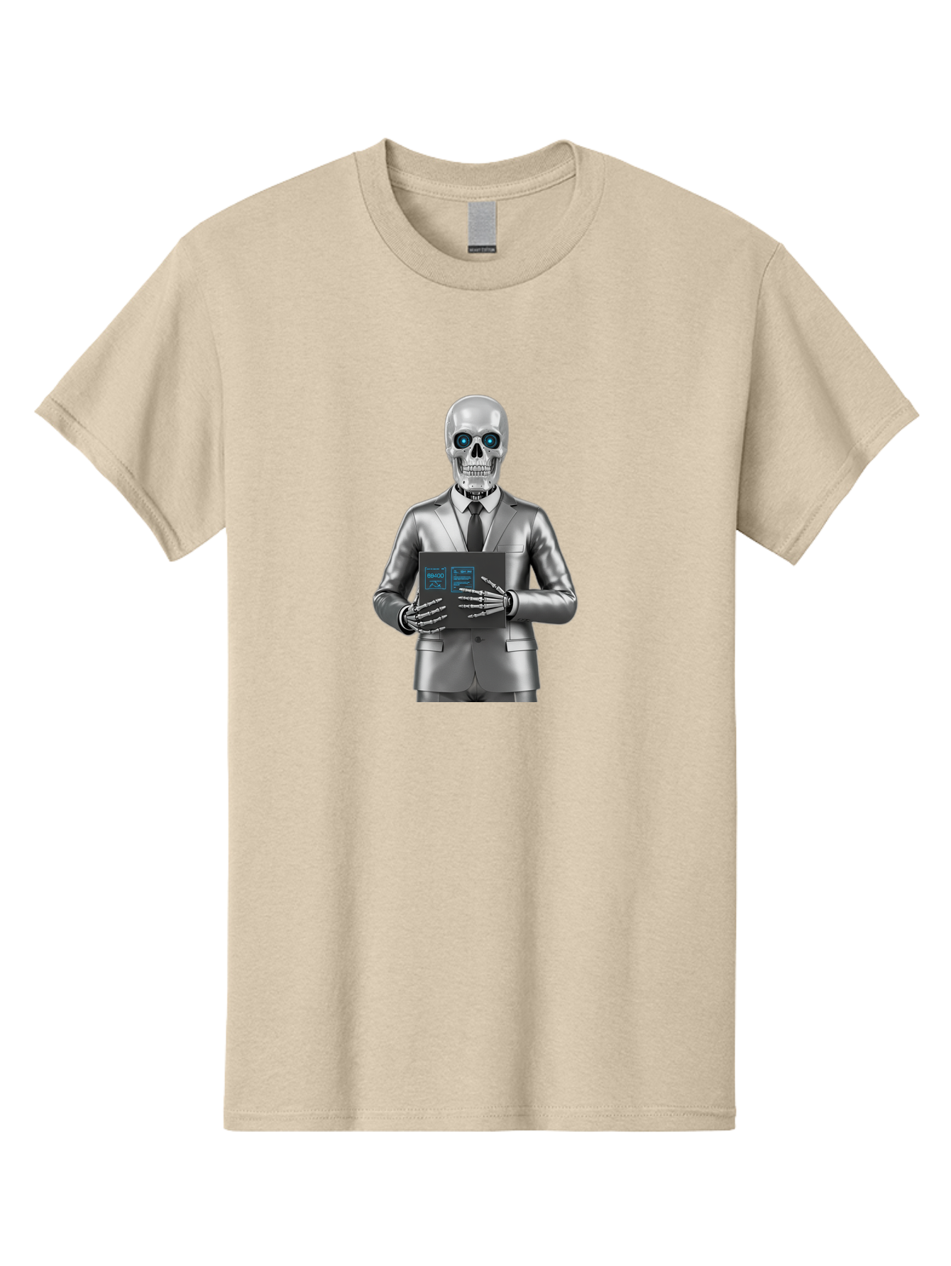 Silver-Skeleton Men'S Graphic Tee, 100% Cotton, Comfortable Casual Summer Wear, Machine Washable, Silver Skeleton In Suit, Futuristic Business Attire, Skeletal Businessman, Chrome Finish, Blue Glowing Eyes, Black Tie, Black Tech Tablet, Bad566
