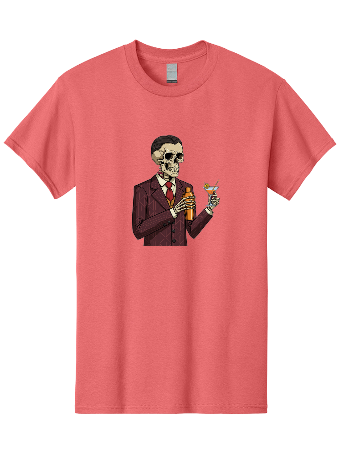 Skeleton-Bartender Men'S Graphic Tee, 100% Cotton, Comfortable Casual Summer Wear, Machine Washable, Skeleton Bartender, Cocktail Shaker, Martini Glass, Red Tie, Maroon Suit, Orange Cocktail, Cocktail Bar, Barware, Mixology Bad568