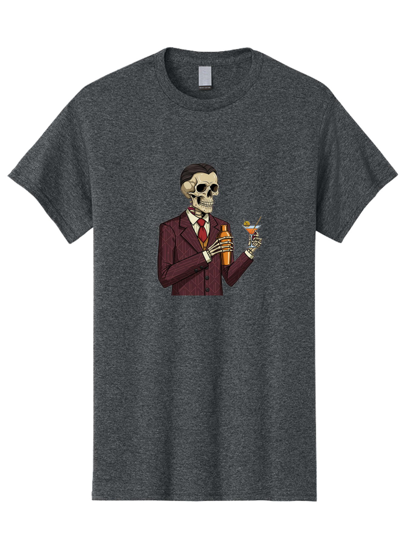 Skeleton-Bartender Men'S Graphic Tee, 100% Cotton, Comfortable Casual Summer Wear, Machine Washable, Skeleton Bartender, Cocktail Shaker, Martini Glass, Red Tie, Maroon Suit, Orange Cocktail, Cocktail Bar, Barware, Mixology Bad568