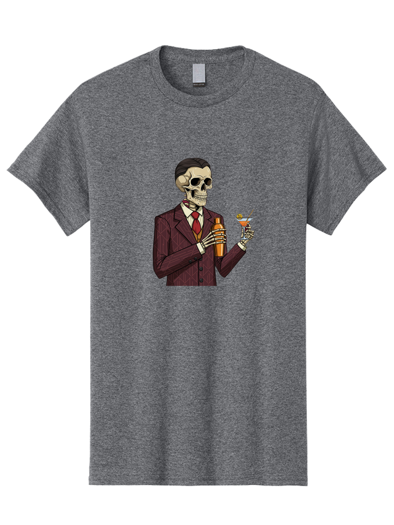 Skeleton-Bartender Men'S Graphic Tee, 100% Cotton, Comfortable Casual Summer Wear, Machine Washable, Skeleton Bartender, Cocktail Shaker, Martini Glass, Red Tie, Maroon Suit, Orange Cocktail, Cocktail Bar, Barware, Mixology Bad568