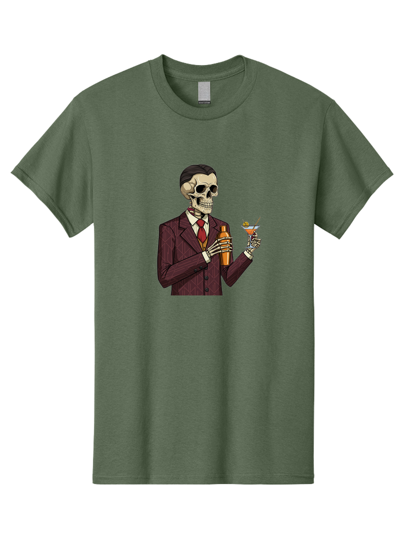 Skeleton-Bartender Men'S Graphic Tee, 100% Cotton, Comfortable Casual Summer Wear, Machine Washable, Skeleton Bartender, Cocktail Shaker, Martini Glass, Red Tie, Maroon Suit, Orange Cocktail, Cocktail Bar, Barware, Mixology Bad568