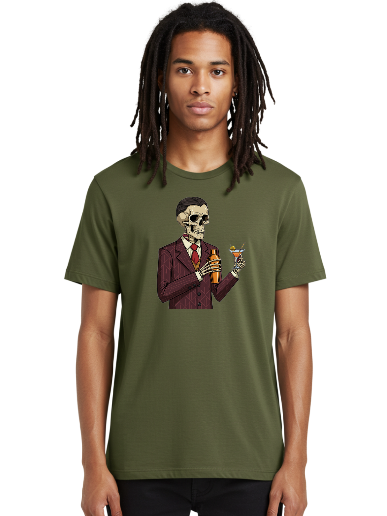 Skeleton-Bartender Men'S Graphic Tee, 100% Cotton, Comfortable Casual Summer Wear, Machine Washable, Skeleton Bartender, Cocktail Shaker, Martini Glass, Red Tie, Maroon Suit, Orange Cocktail, Cocktail Bar, Barware, Mixology Bad568