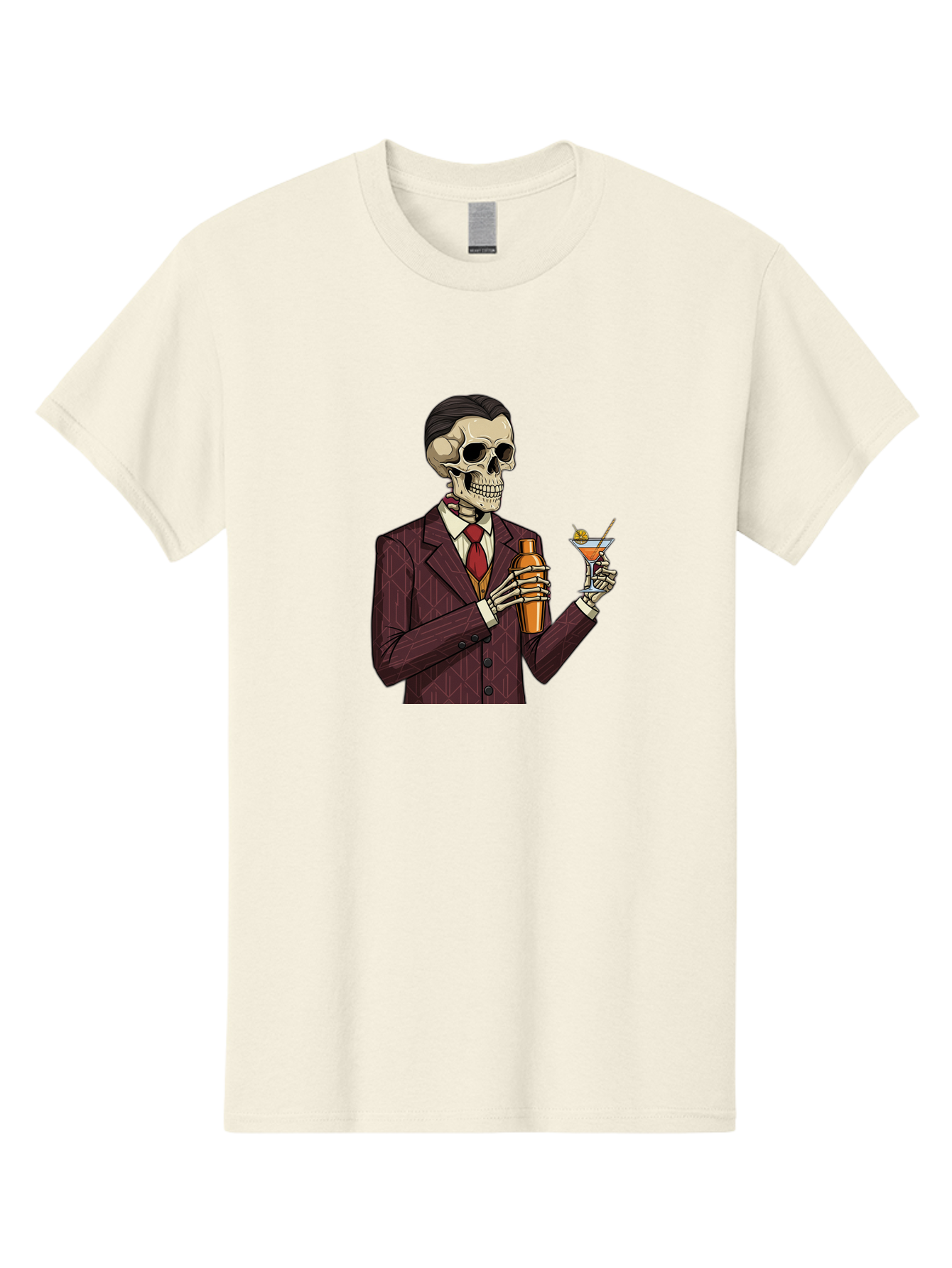 Skeleton-Bartender Men'S Graphic Tee, 100% Cotton, Comfortable Casual Summer Wear, Machine Washable, Skeleton Bartender, Cocktail Shaker, Martini Glass, Red Tie, Maroon Suit, Orange Cocktail, Cocktail Bar, Barware, Mixology Bad568