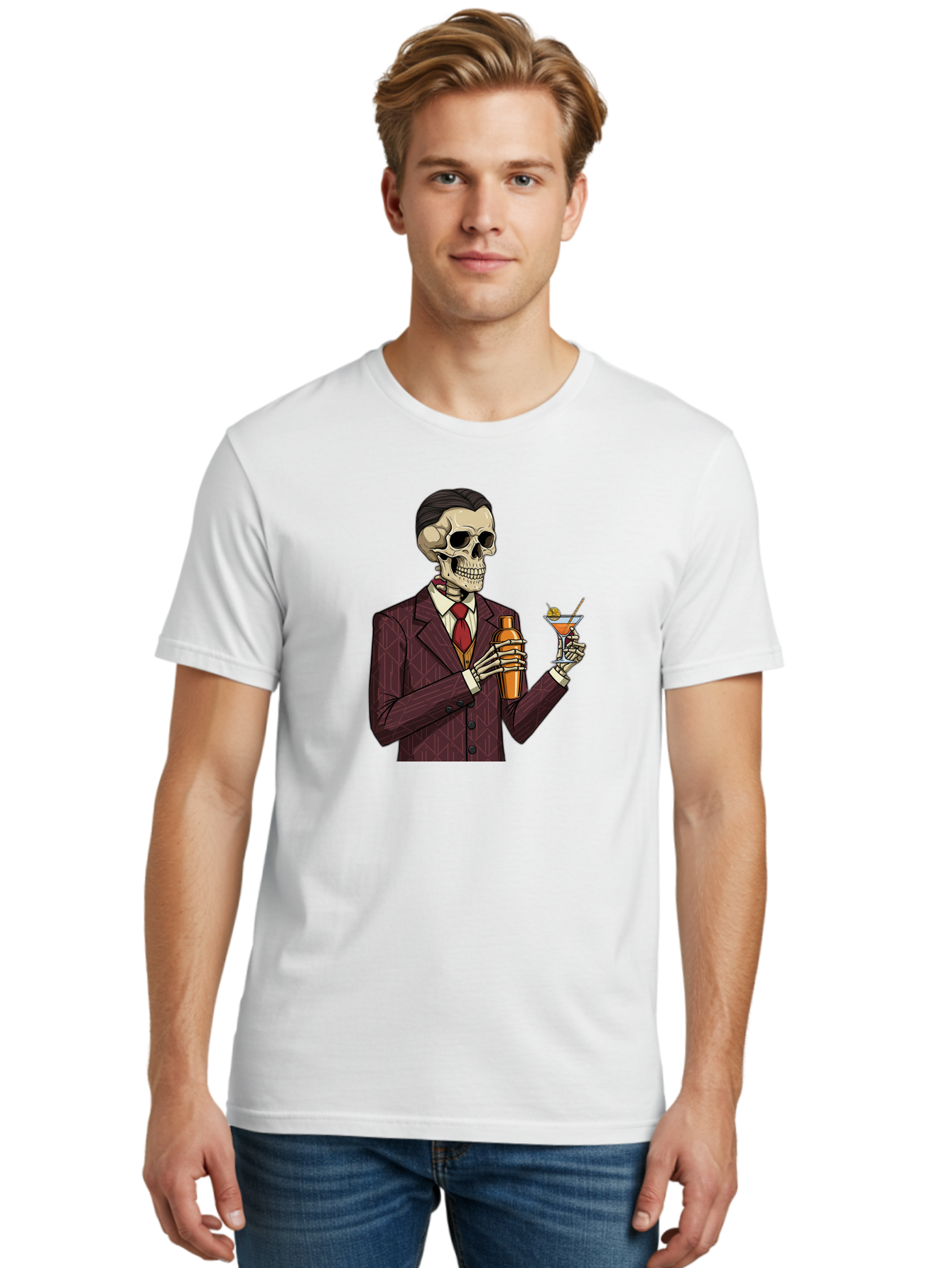 Skeleton-Bartender Men'S Graphic Tee, 100% Cotton, Comfortable Casual Summer Wear, Machine Washable, Skeleton Bartender, Cocktail Shaker, Martini Glass, Red Tie, Maroon Suit, Orange Cocktail, Cocktail Bar, Barware, Mixology Bad568