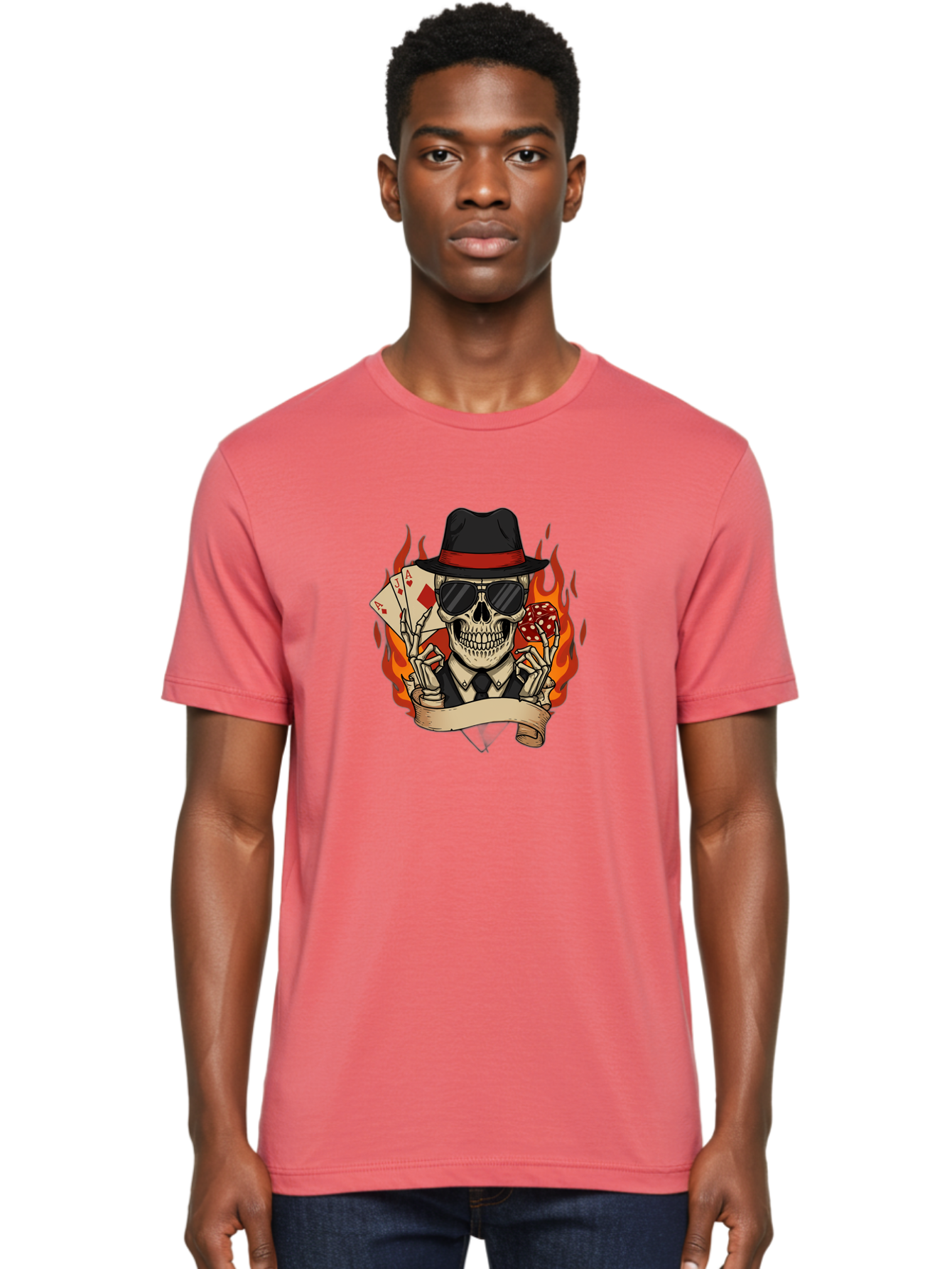 Skeleton-Card-Player Men'S Graphic Tee, 100% Cotton, Comfortable Casual Summer Wear, Machine Washable, Skeleton In Suit And Hat, Playing Cards, Sunglasses, Skull, Poker Face, Flames, Banner, Red Mushroom, Gambler, Red Diamonds Bad569