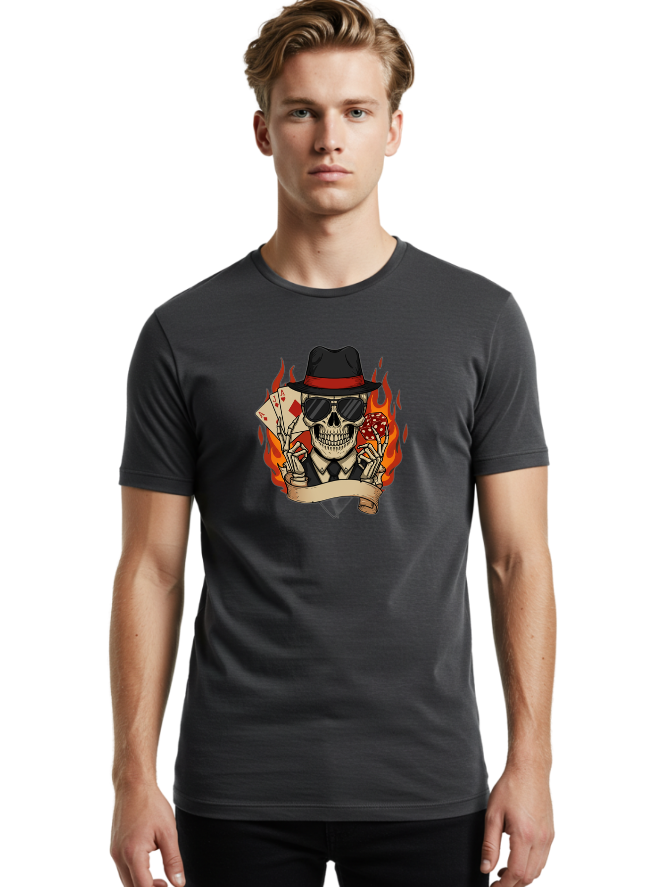 Skeleton-Card-Player Men'S Graphic Tee, 100% Cotton, Comfortable Casual Summer Wear, Machine Washable, Skeleton In Suit And Hat, Playing Cards, Sunglasses, Skull, Poker Face, Flames, Banner, Red Mushroom, Gambler, Red Diamonds Bad569