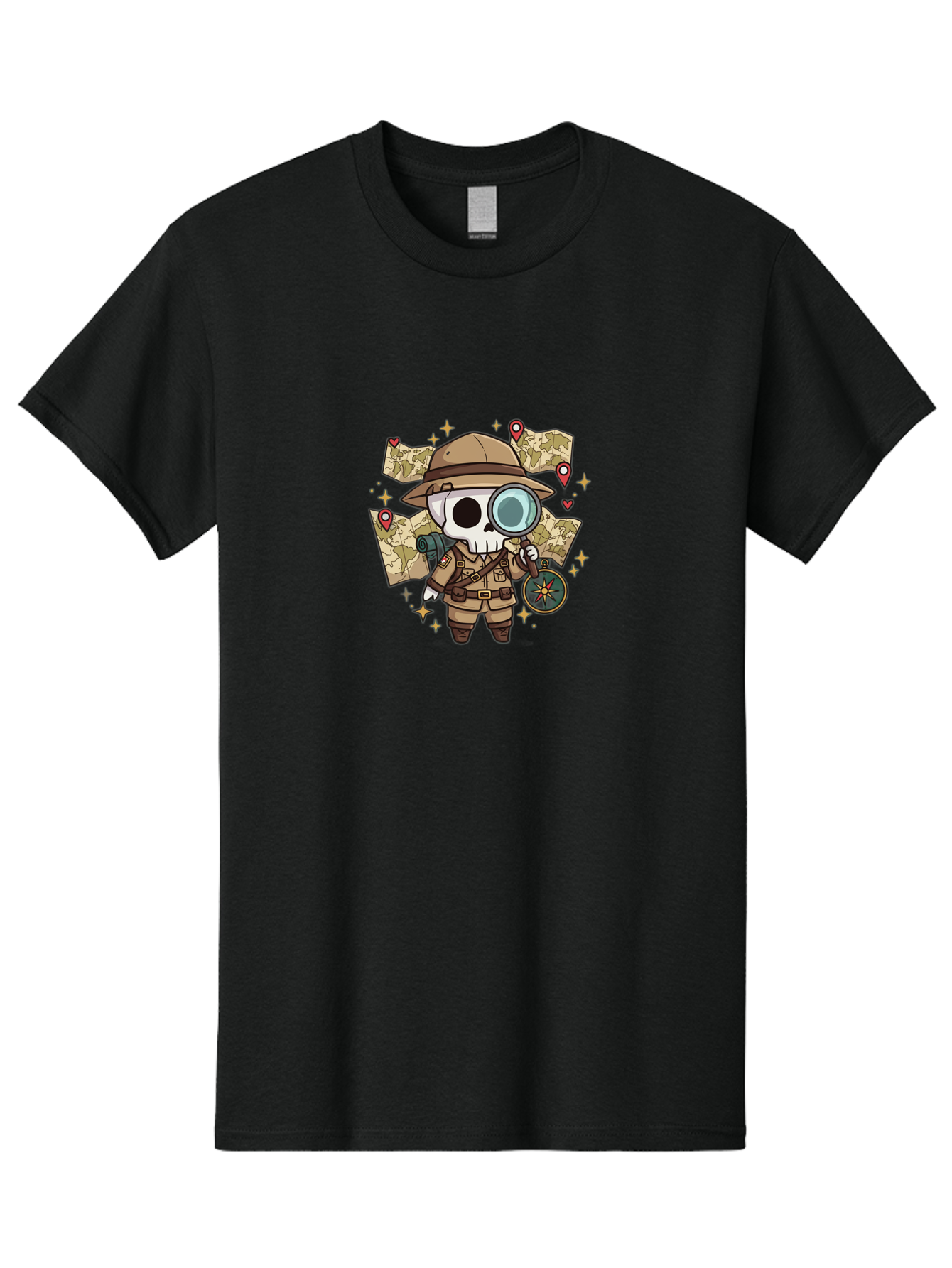 Skeleton-Explorer Men'S Graphic Tee, 100% Cotton, Comfortable Casual Summer Wear, Machine Washable, Cartoon Skeleton, Explorer Outfit, Safari Hat, Magnifying Glass, Map, Compass, Adventure, Discovery, Treasure Hunt, Travel, Exploration, Bad571