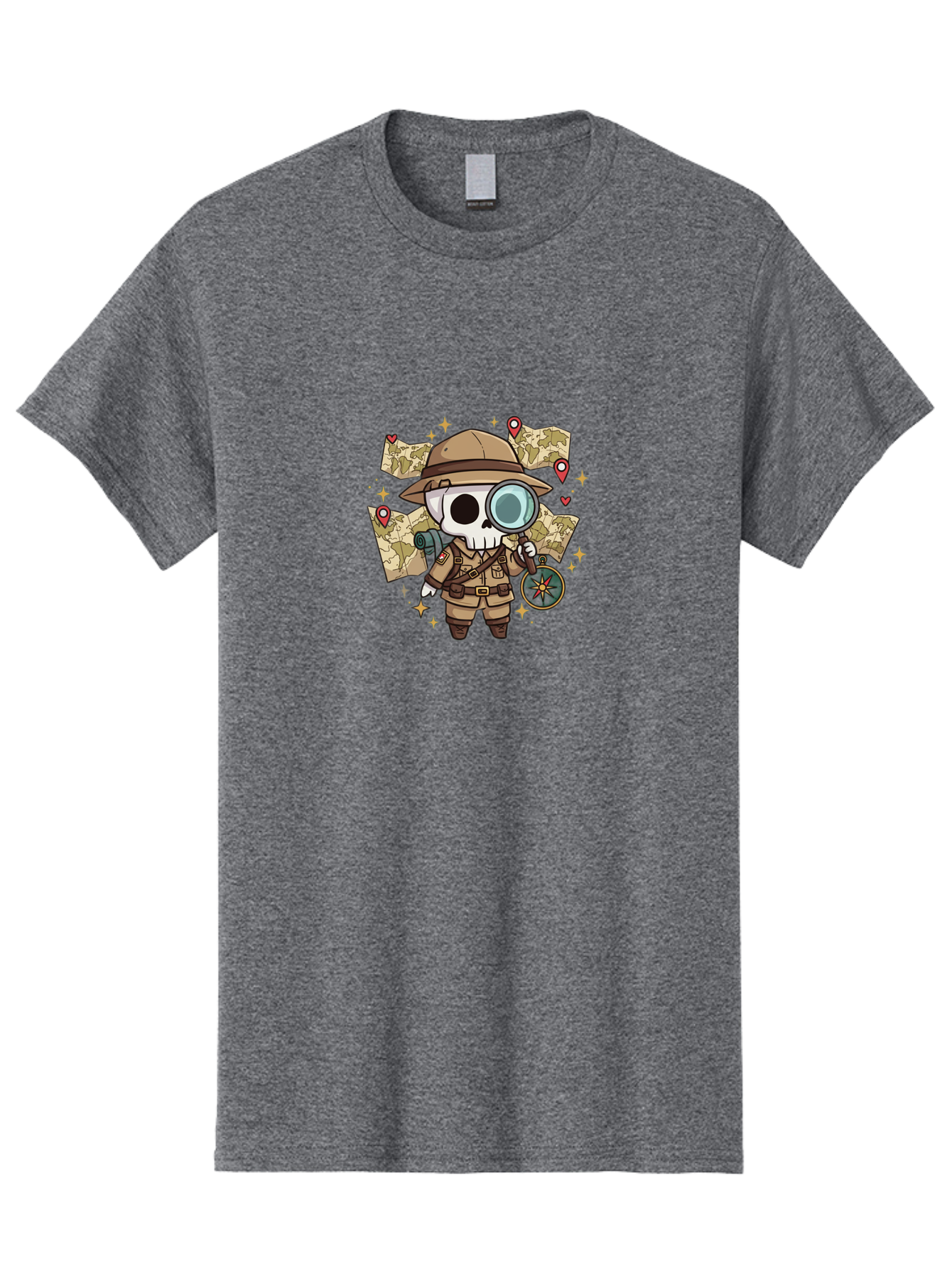 Skeleton-Explorer Men'S Graphic Tee, 100% Cotton, Comfortable Casual Summer Wear, Machine Washable, Cartoon Skeleton, Explorer Outfit, Safari Hat, Magnifying Glass, Map, Compass, Adventure, Discovery, Treasure Hunt, Travel, Exploration, Bad571