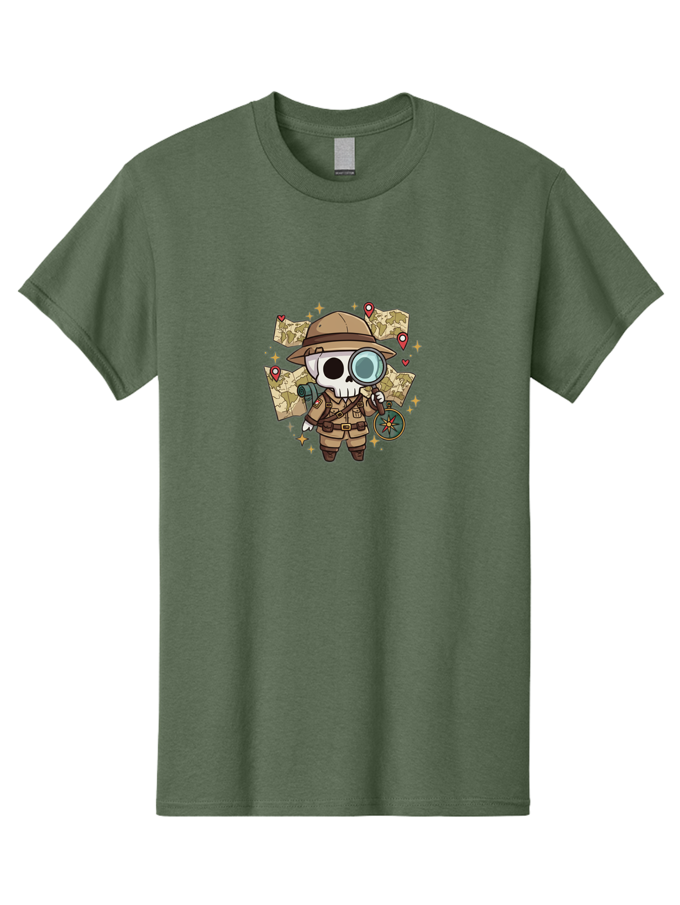 Skeleton-Explorer Men'S Graphic Tee, 100% Cotton, Comfortable Casual Summer Wear, Machine Washable, Cartoon Skeleton, Explorer Outfit, Safari Hat, Magnifying Glass, Map, Compass, Adventure, Discovery, Treasure Hunt, Travel, Exploration, Bad571