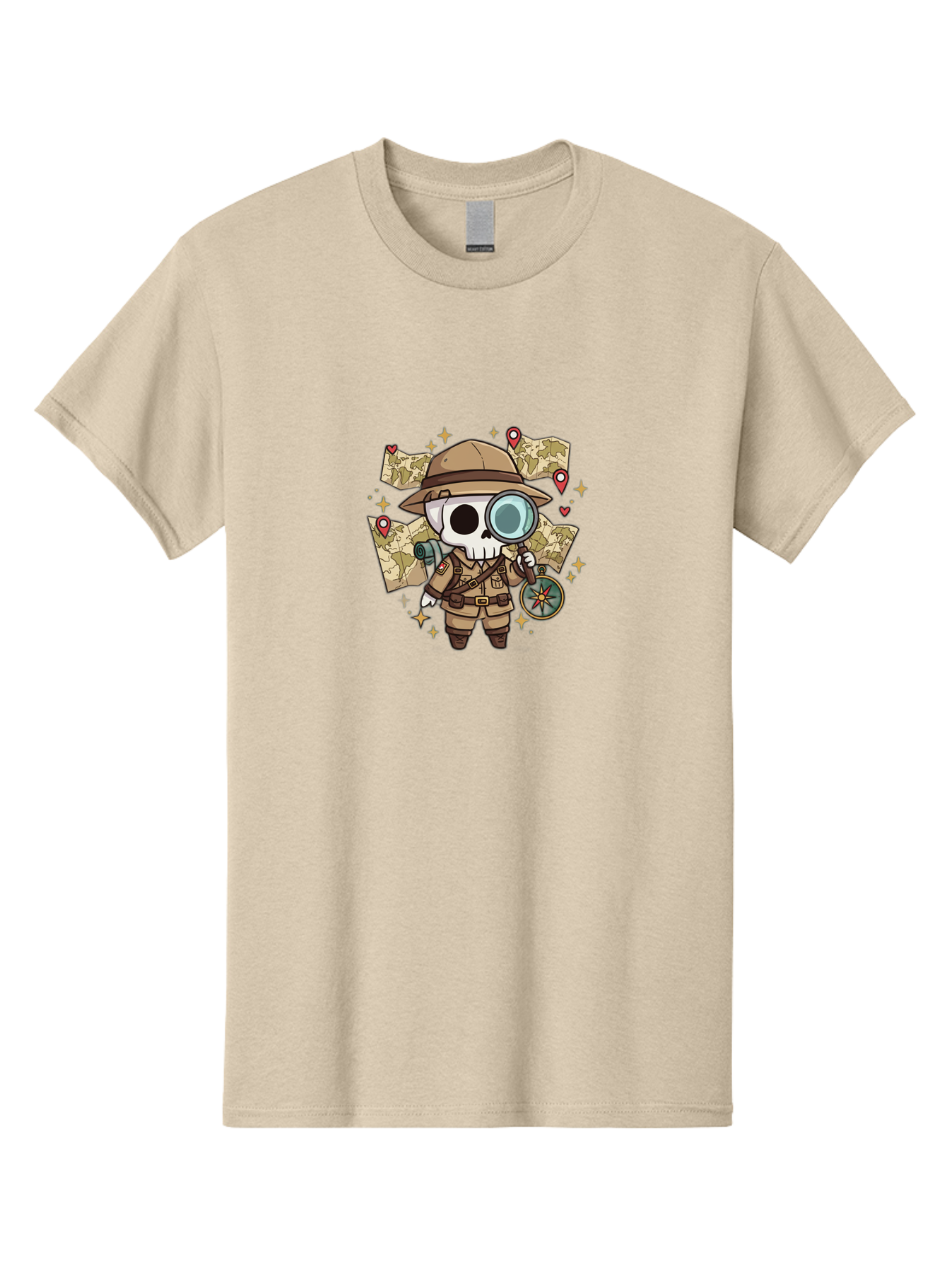 Skeleton-Explorer Men'S Graphic Tee, 100% Cotton, Comfortable Casual Summer Wear, Machine Washable, Cartoon Skeleton, Explorer Outfit, Safari Hat, Magnifying Glass, Map, Compass, Adventure, Discovery, Treasure Hunt, Travel, Exploration, Bad571