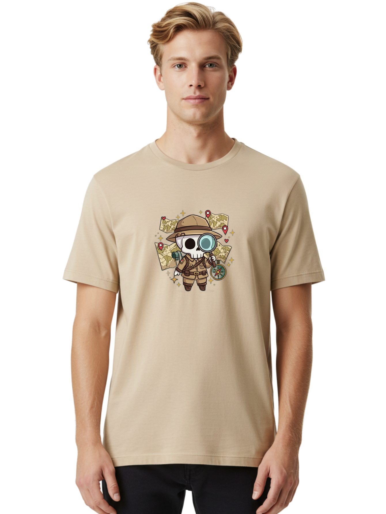 Skeleton-Explorer Men'S Graphic Tee, 100% Cotton, Comfortable Casual Summer Wear, Machine Washable, Cartoon Skeleton, Explorer Outfit, Safari Hat, Magnifying Glass, Map, Compass, Adventure, Discovery, Treasure Hunt, Travel, Exploration, Bad571