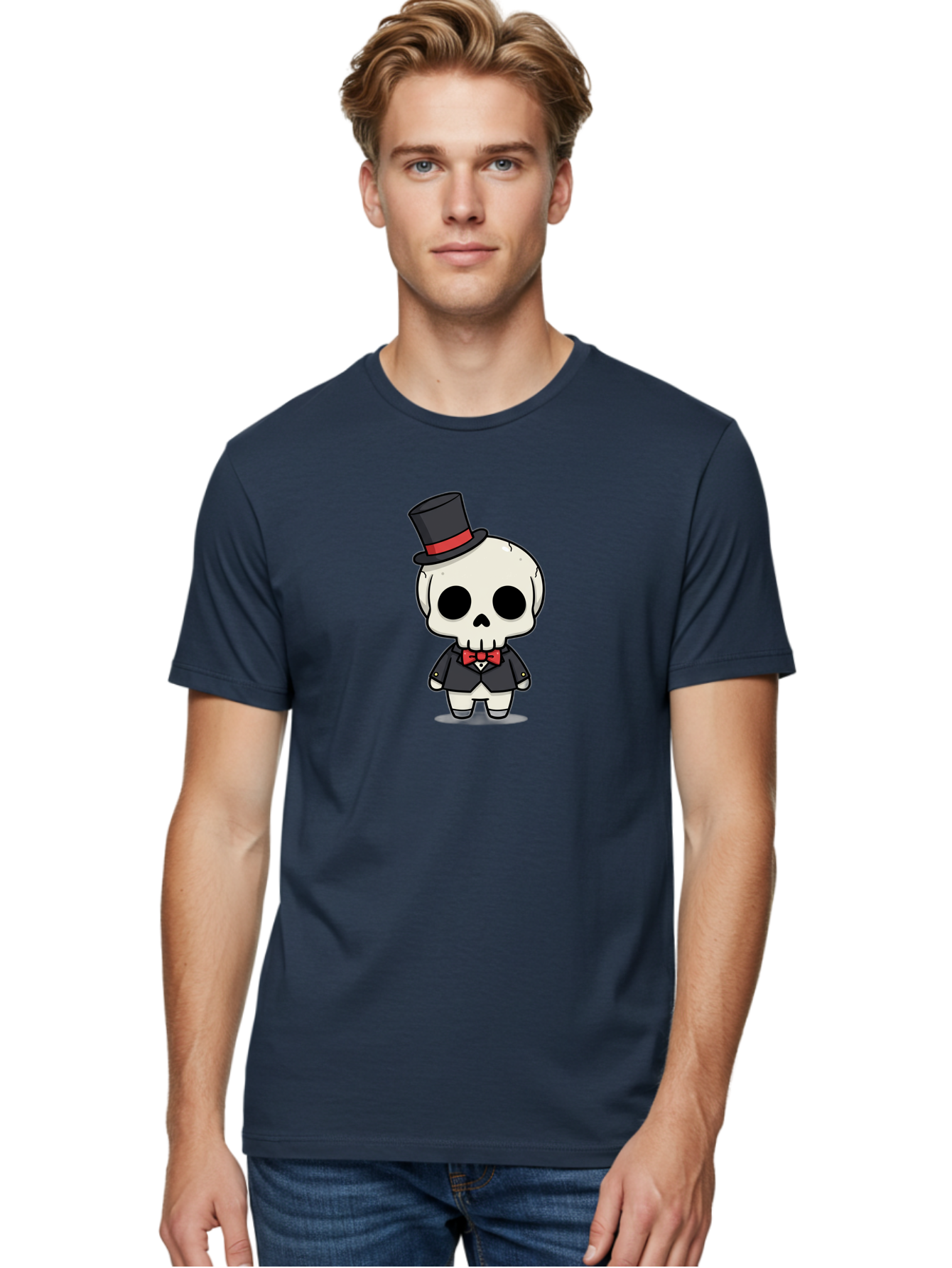 Skeleton-Gentleman Men'S Graphic Tee, 100% Cotton, Comfortable Casual Summer Wear, Machine Washable, Cartoon Skeleton, Gentleman Attire, Top Hat, Bow Tie, Spooky Chic, Halloween Style, Formal Wear, Skull Character, Kawaii Aesthetic, Bad572