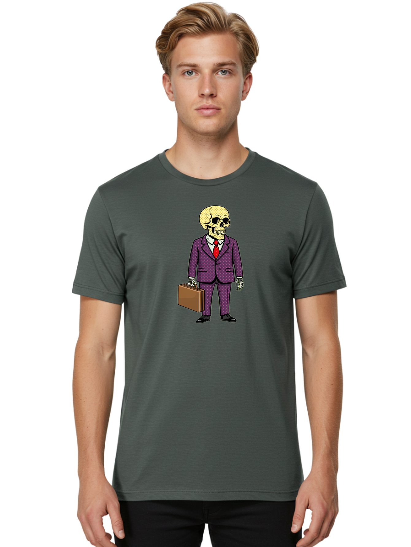 Skeleton-In-Suit-1 Men'S Graphic Tee, 100% Cotton, Comfortable Casual Summer Wear, Machine Washable, Skeleton In Business Attire, Formal Wear, Corporate Style, Briefcase, Red Tie, White Shirt, Purple Suit, Dot Pattern, Skull, Bones, Bad573