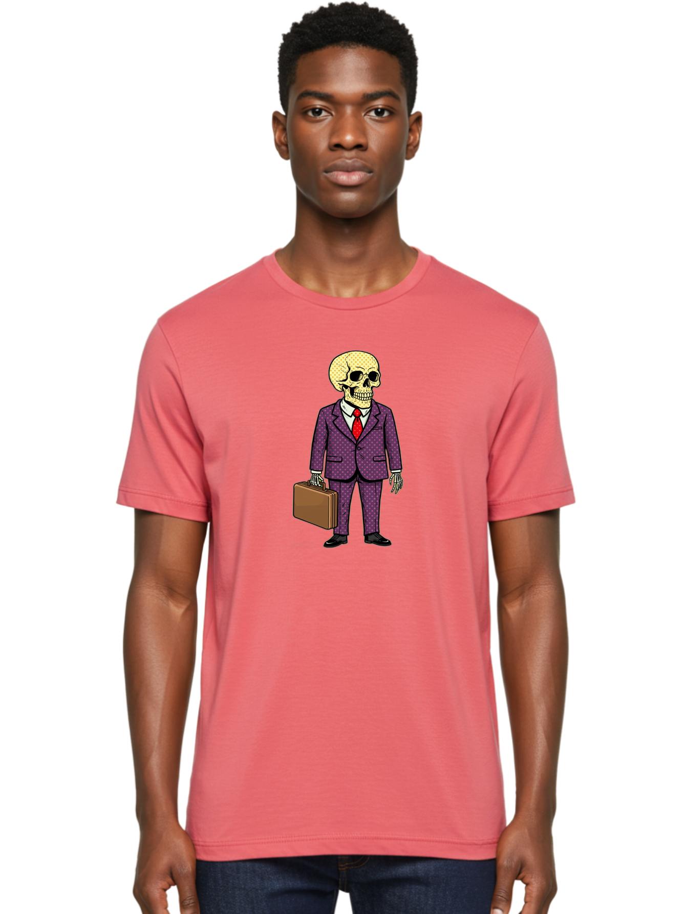 Skeleton-In-Suit-1 Men'S Graphic Tee, 100% Cotton, Comfortable Casual Summer Wear, Machine Washable, Skeleton In Business Attire, Formal Wear, Corporate Style, Briefcase, Red Tie, White Shirt, Purple Suit, Dot Pattern, Skull, Bones, Bad573