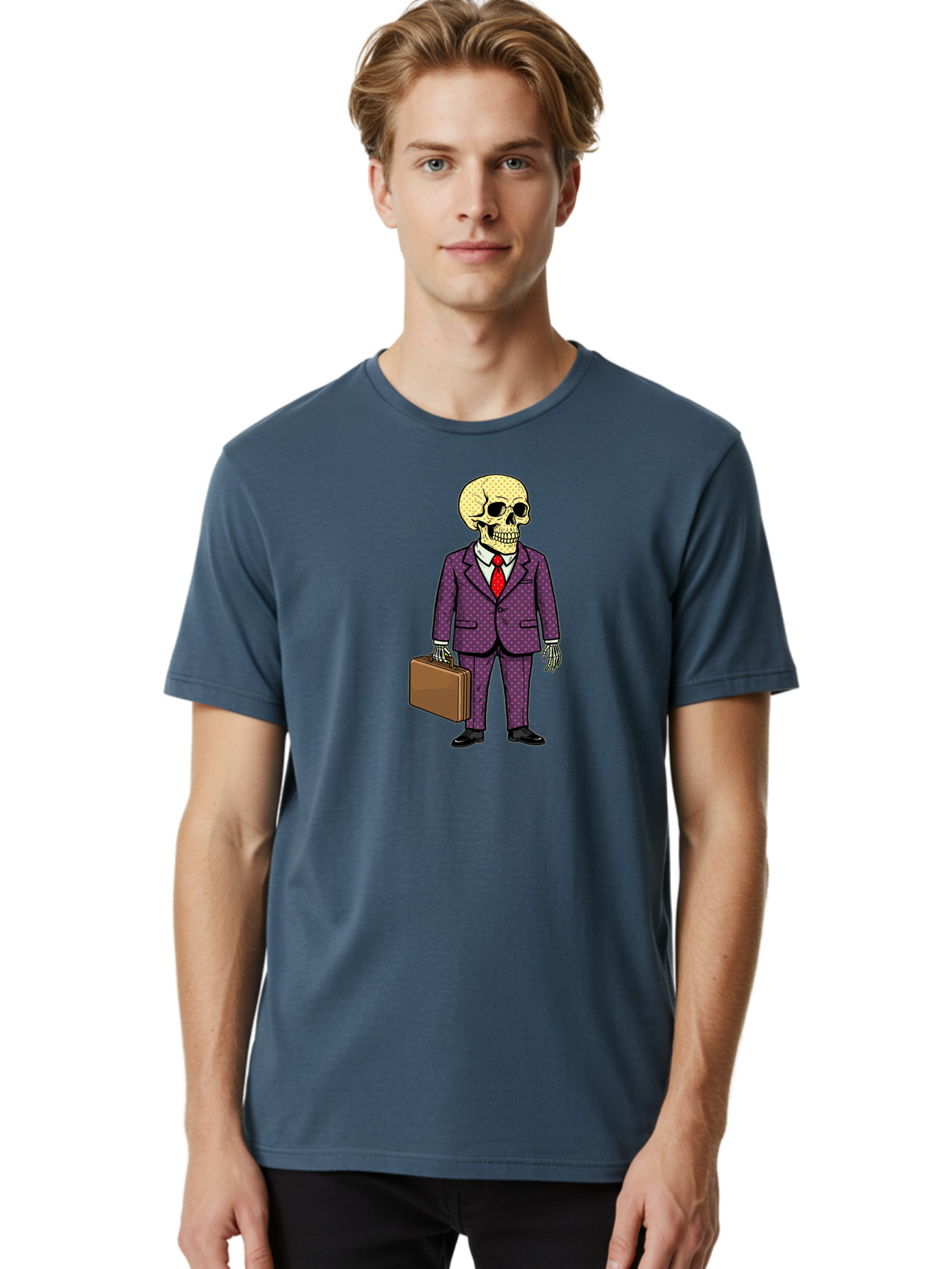 Skeleton-In-Suit-1 Men'S Graphic Tee, 100% Cotton, Comfortable Casual Summer Wear, Machine Washable, Skeleton In Business Attire, Formal Wear, Corporate Style, Briefcase, Red Tie, White Shirt, Purple Suit, Dot Pattern, Skull, Bones, Bad573