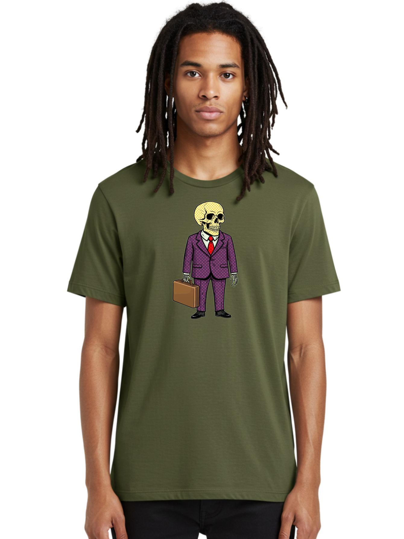 Skeleton-In-Suit-1 Men'S Graphic Tee, 100% Cotton, Comfortable Casual Summer Wear, Machine Washable, Skeleton In Business Attire, Formal Wear, Corporate Style, Briefcase, Red Tie, White Shirt, Purple Suit, Dot Pattern, Skull, Bones, Bad573