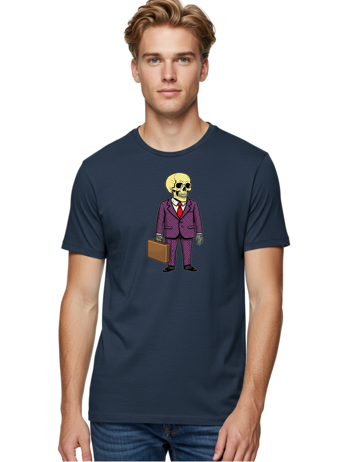 Skeleton-In-Suit-1 Men'S Graphic Tee, 100% Cotton, Comfortable Casual Summer Wear, Machine Washable, Skeleton In Business Attire, Formal Wear, Corporate Style, Briefcase, Red Tie, White Shirt, Purple Suit, Dot Pattern, Skull, Bones, Bad573