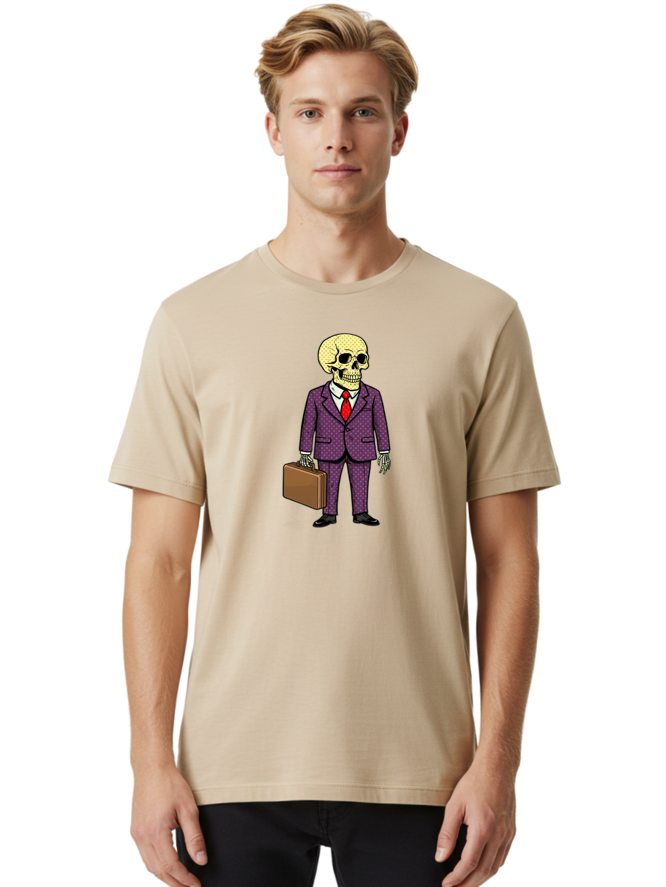 Skeleton-In-Suit-1 Men'S Graphic Tee, 100% Cotton, Comfortable Casual Summer Wear, Machine Washable, Skeleton In Business Attire, Formal Wear, Corporate Style, Briefcase, Red Tie, White Shirt, Purple Suit, Dot Pattern, Skull, Bones, Bad573
