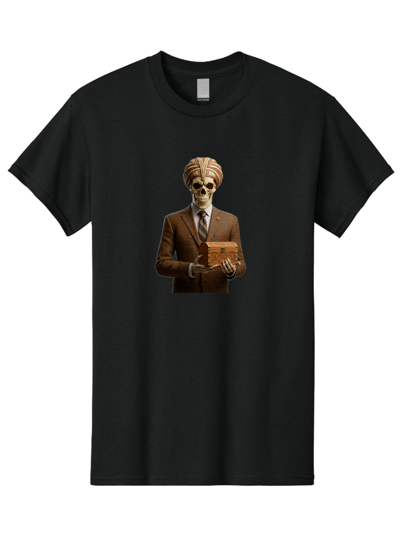 Skeleton-In-Suit-Holding-Box Men'S Graphic Tee, 100% Cotton, Comfortable Casual Summer Wear, Machine Washable, Skeleton Wearing A Suit, Holding A Treasure Chest, Striped Tie, Turban On Head, Business Attire, Mysterious Figure, Ornate Box, Bad575