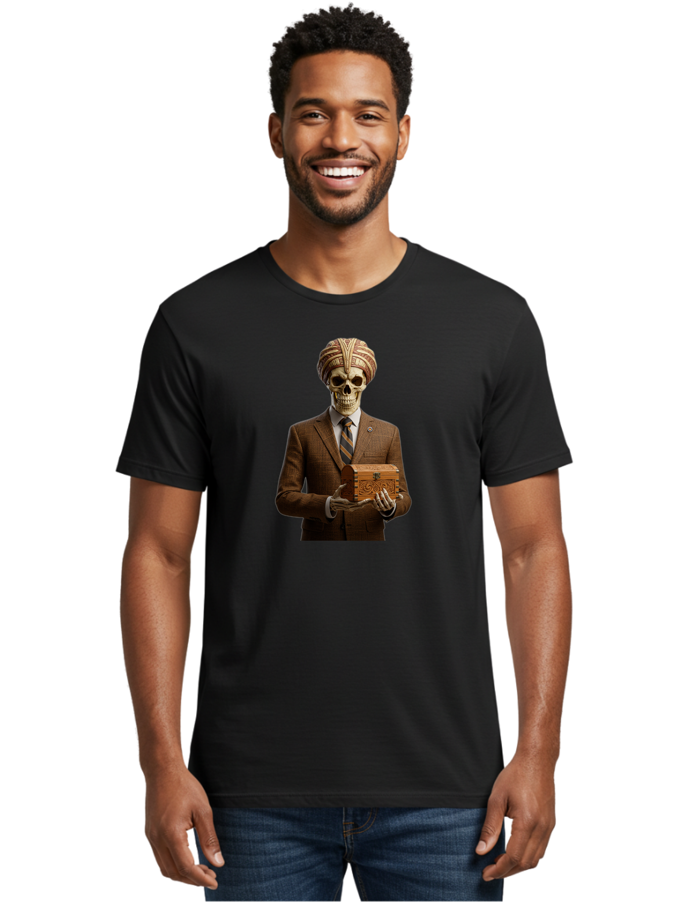 Skeleton-In-Suit-Holding-Box Men'S Graphic Tee, 100% Cotton, Comfortable Casual Summer Wear, Machine Washable, Skeleton Wearing A Suit, Holding A Treasure Chest, Striped Tie, Turban On Head, Business Attire, Mysterious Figure, Ornate Box, Bad575