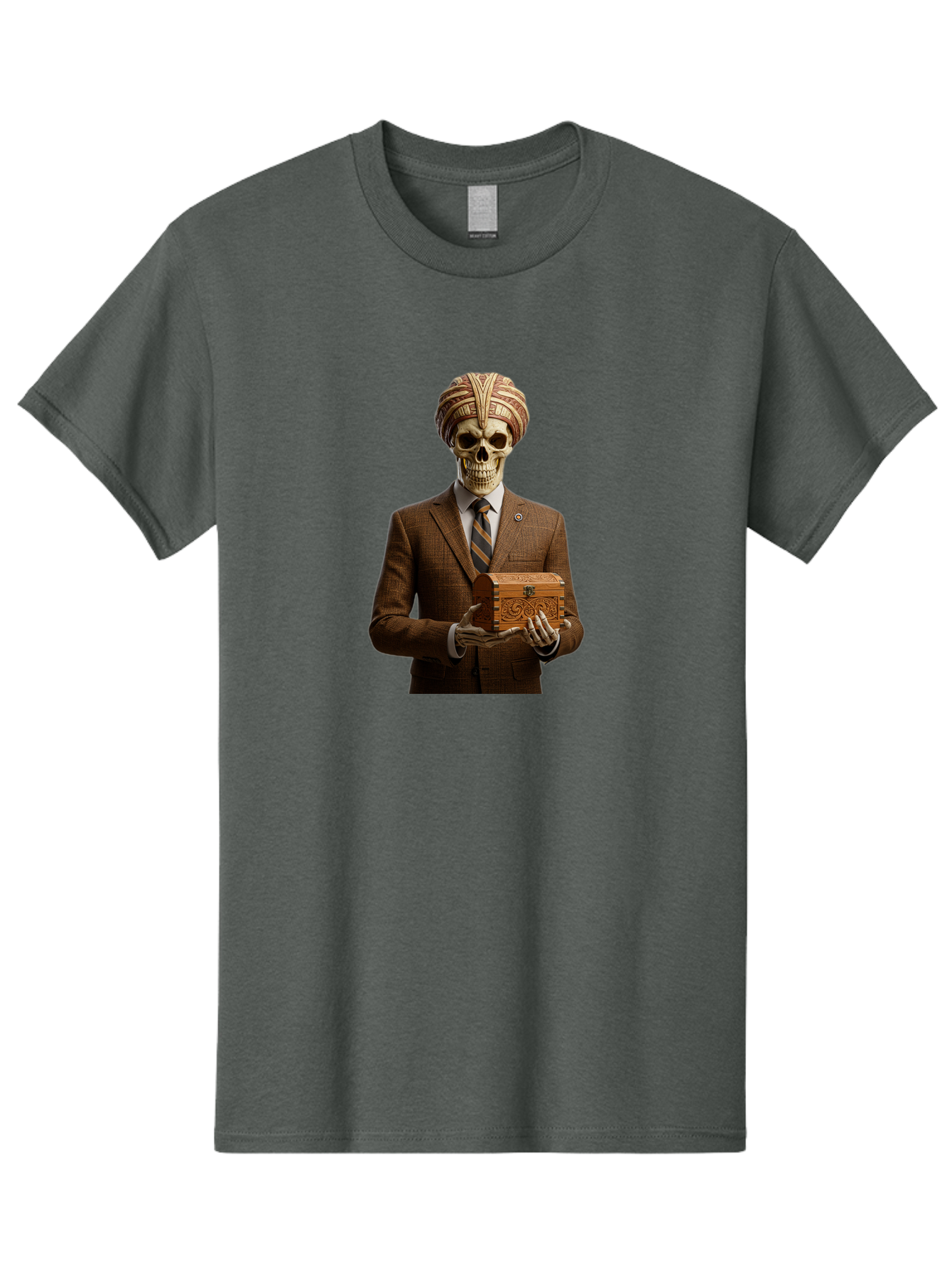 Skeleton-In-Suit-Holding-Box Men'S Graphic Tee, 100% Cotton, Comfortable Casual Summer Wear, Machine Washable, Skeleton Wearing A Suit, Holding A Treasure Chest, Striped Tie, Turban On Head, Business Attire, Mysterious Figure, Ornate Box, Bad575