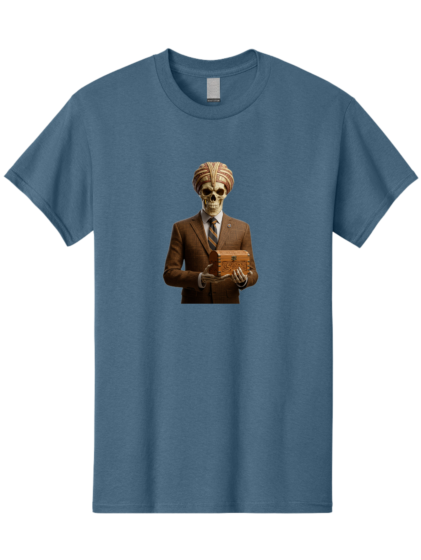 Skeleton-In-Suit-Holding-Box Men'S Graphic Tee, 100% Cotton, Comfortable Casual Summer Wear, Machine Washable, Skeleton Wearing A Suit, Holding A Treasure Chest, Striped Tie, Turban On Head, Business Attire, Mysterious Figure, Ornate Box, Bad575