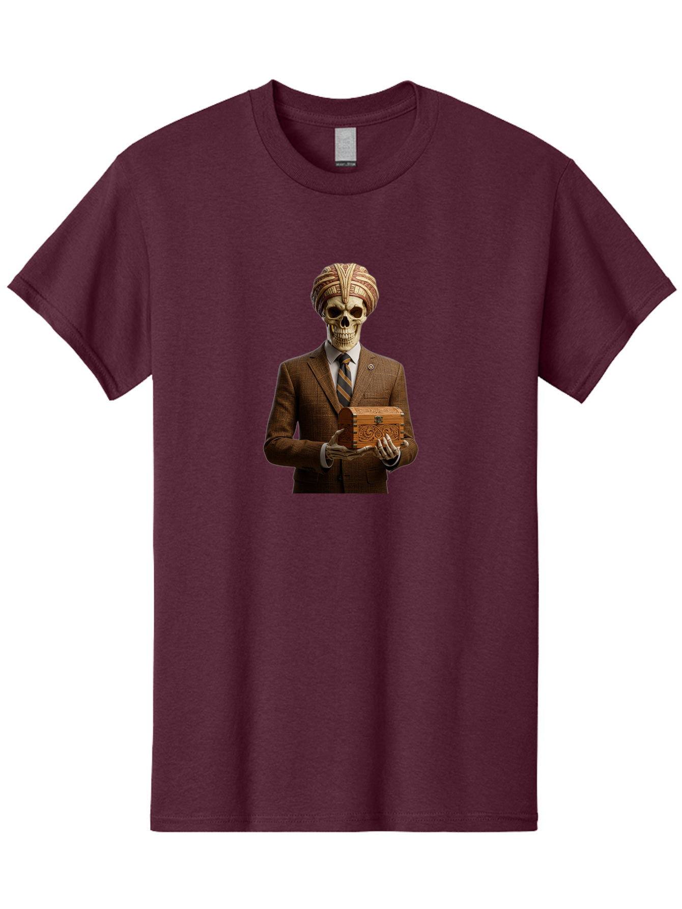Skeleton-In-Suit-Holding-Box Men'S Graphic Tee, 100% Cotton, Comfortable Casual Summer Wear, Machine Washable, Skeleton Wearing A Suit, Holding A Treasure Chest, Striped Tie, Turban On Head, Business Attire, Mysterious Figure, Ornate Box, Bad575