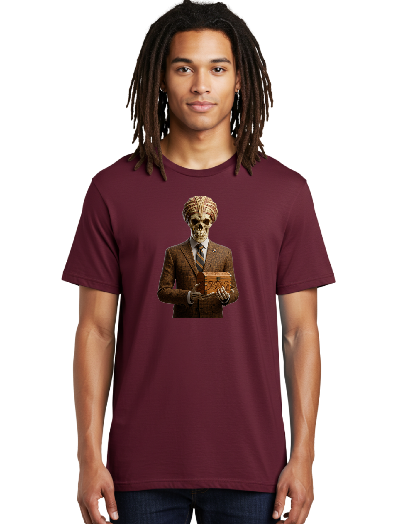 Skeleton-In-Suit-Holding-Box Men'S Graphic Tee, 100% Cotton, Comfortable Casual Summer Wear, Machine Washable, Skeleton Wearing A Suit, Holding A Treasure Chest, Striped Tie, Turban On Head, Business Attire, Mysterious Figure, Ornate Box, Bad575