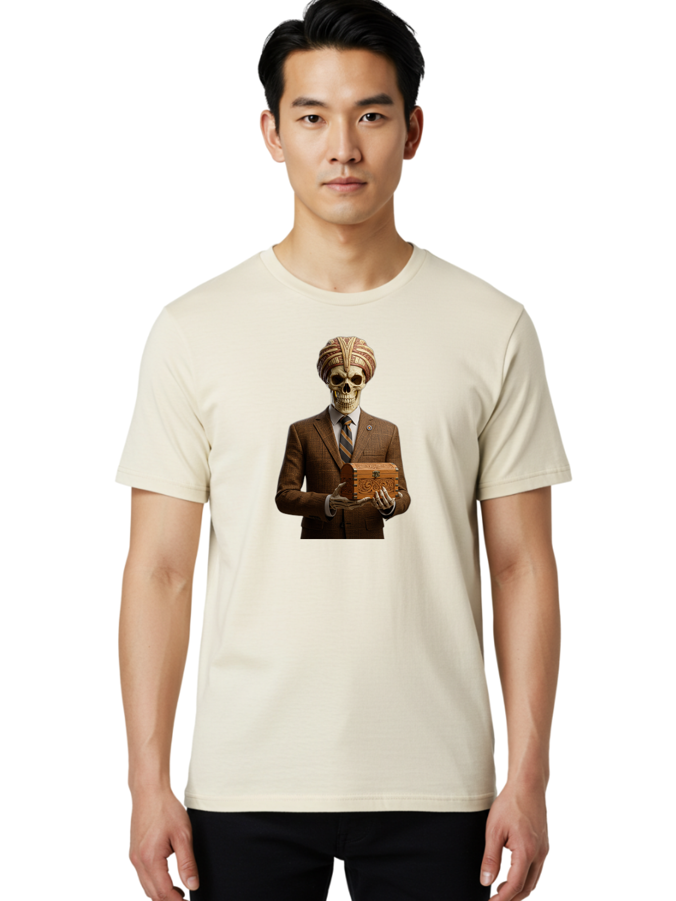 Skeleton-In-Suit-Holding-Box Men'S Graphic Tee, 100% Cotton, Comfortable Casual Summer Wear, Machine Washable, Skeleton Wearing A Suit, Holding A Treasure Chest, Striped Tie, Turban On Head, Business Attire, Mysterious Figure, Ornate Box, Bad575