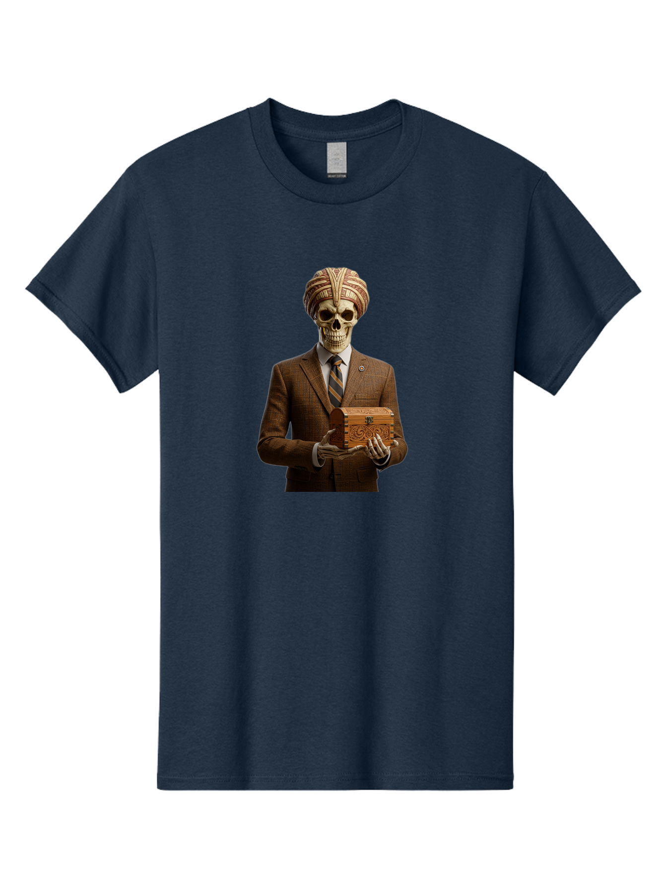 Skeleton-In-Suit-Holding-Box Men'S Graphic Tee, 100% Cotton, Comfortable Casual Summer Wear, Machine Washable, Skeleton Wearing A Suit, Holding A Treasure Chest, Striped Tie, Turban On Head, Business Attire, Mysterious Figure, Ornate Box, Bad575