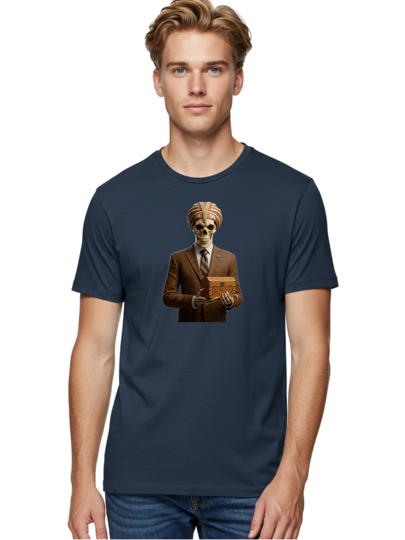 Skeleton-In-Suit-Holding-Box Men'S Graphic Tee, 100% Cotton, Comfortable Casual Summer Wear, Machine Washable, Skeleton Wearing A Suit, Holding A Treasure Chest, Striped Tie, Turban On Head, Business Attire, Mysterious Figure, Ornate Box, Bad575