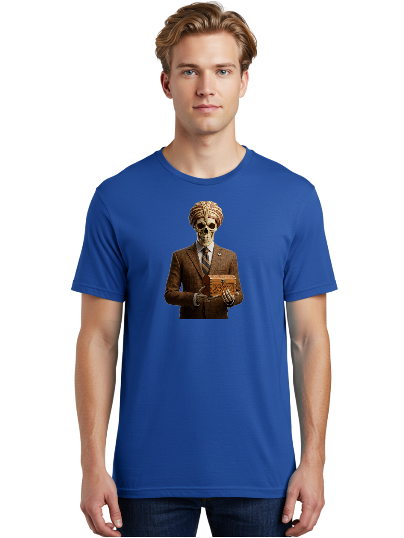 Skeleton-In-Suit-Holding-Box Men'S Graphic Tee, 100% Cotton, Comfortable Casual Summer Wear, Machine Washable, Skeleton Wearing A Suit, Holding A Treasure Chest, Striped Tie, Turban On Head, Business Attire, Mysterious Figure, Ornate Box, Bad575