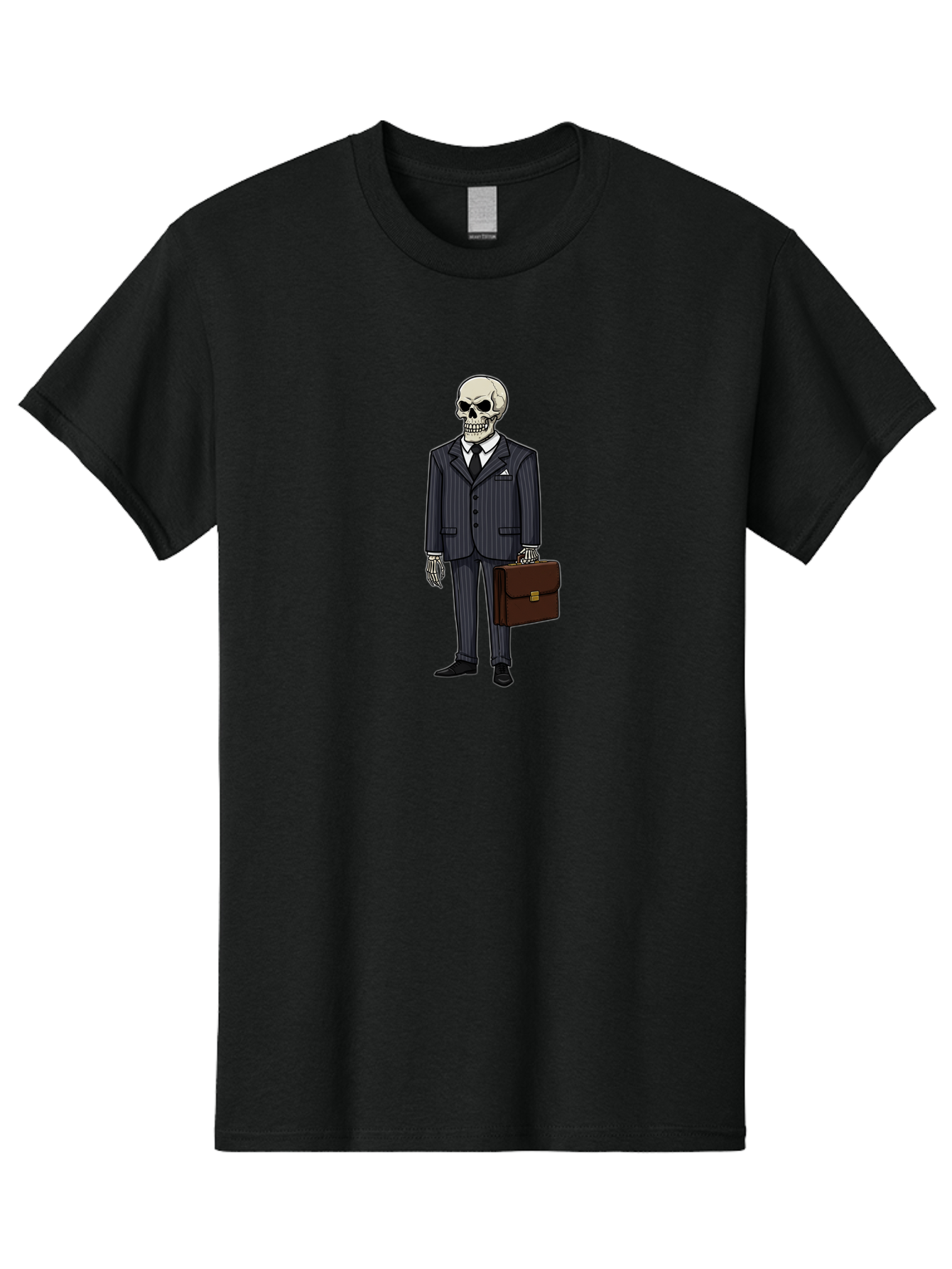 Skeleton-In-Suit Men'S Graphic Tee, 100% Cotton, Comfortable Casual Summer Wear, Machine Washable, Skeleton Wearing A Suit, Briefcase In Hand, Business Attire, Formal Wear, Black Tie, White Shirt, Striped Pants, Corporate Style, Spooky, Bad576