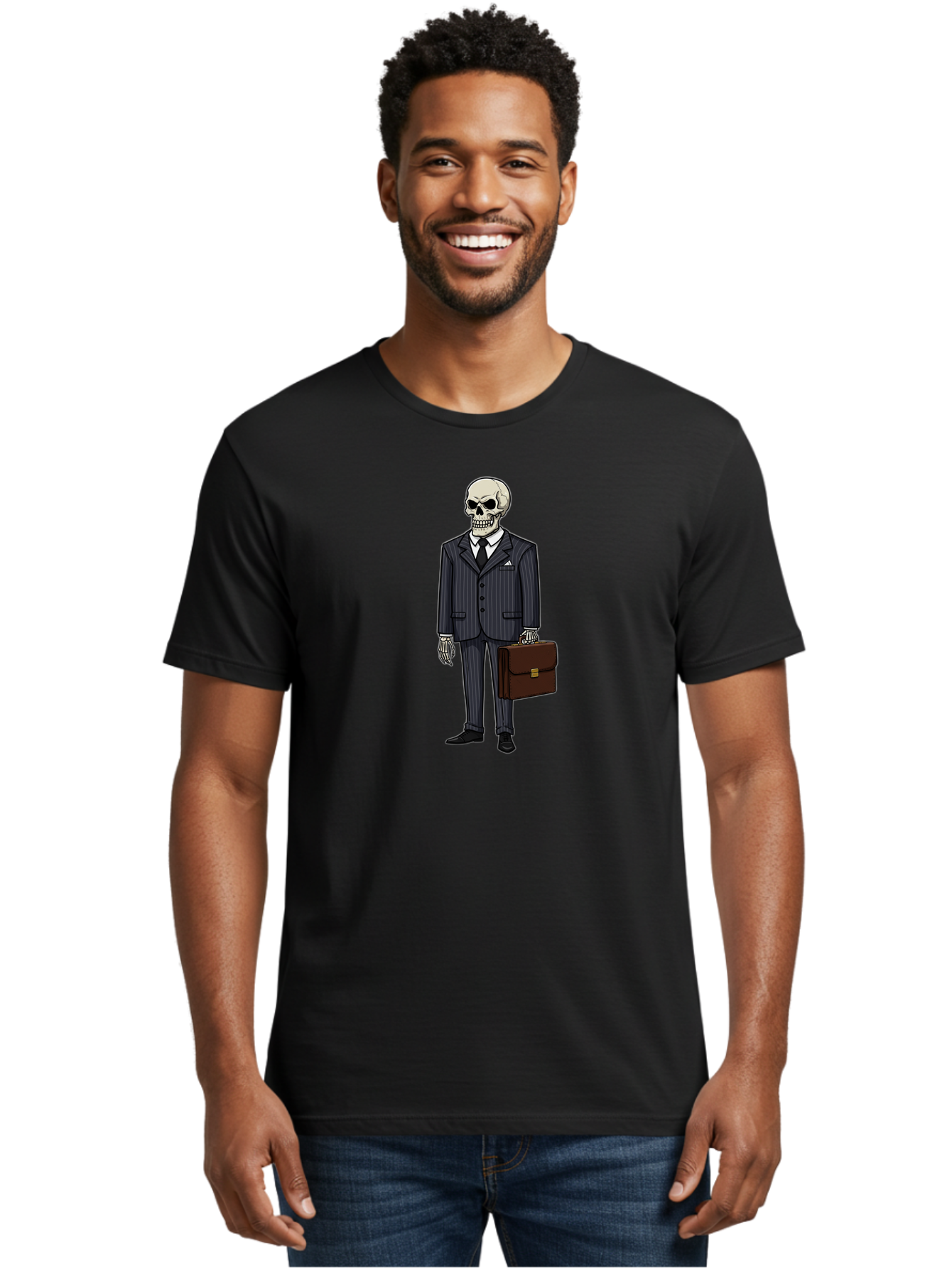 Skeleton-In-Suit Men'S Graphic Tee, 100% Cotton, Comfortable Casual Summer Wear, Machine Washable, Skeleton Wearing A Suit, Briefcase In Hand, Business Attire, Formal Wear, Black Tie, White Shirt, Striped Pants, Corporate Style, Spooky, Bad576