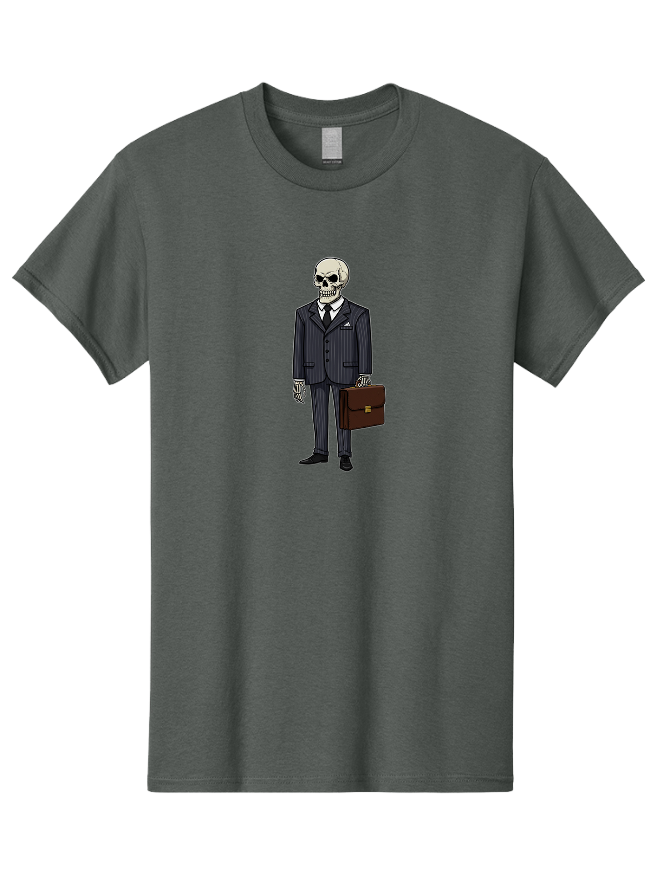 Skeleton-In-Suit Men'S Graphic Tee, 100% Cotton, Comfortable Casual Summer Wear, Machine Washable, Skeleton Wearing A Suit, Briefcase In Hand, Business Attire, Formal Wear, Black Tie, White Shirt, Striped Pants, Corporate Style, Spooky, Bad576