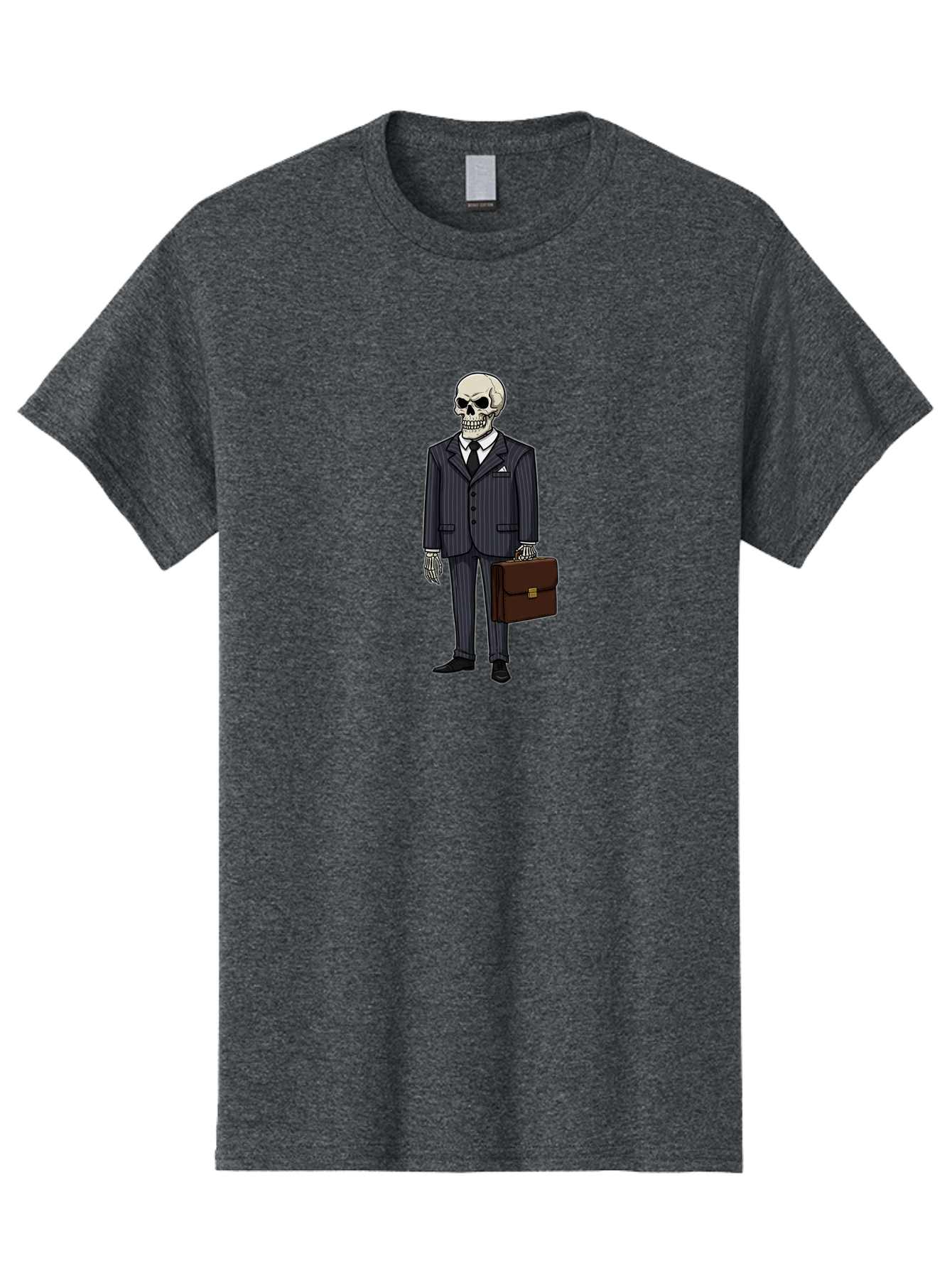 Skeleton-In-Suit Men'S Graphic Tee, 100% Cotton, Comfortable Casual Summer Wear, Machine Washable, Skeleton Wearing A Suit, Briefcase In Hand, Business Attire, Formal Wear, Black Tie, White Shirt, Striped Pants, Corporate Style, Spooky, Bad576