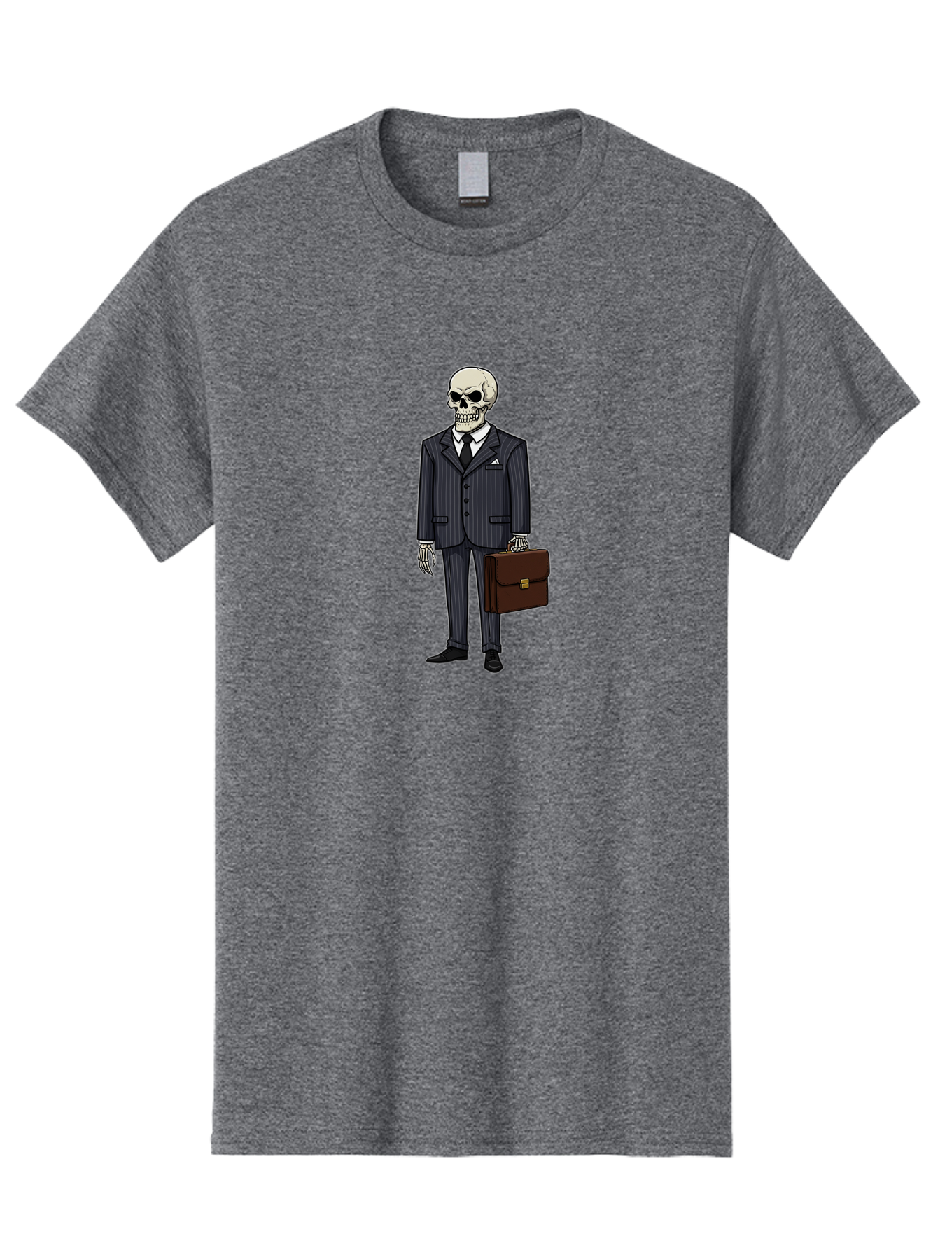Skeleton-In-Suit Men'S Graphic Tee, 100% Cotton, Comfortable Casual Summer Wear, Machine Washable, Skeleton Wearing A Suit, Briefcase In Hand, Business Attire, Formal Wear, Black Tie, White Shirt, Striped Pants, Corporate Style, Spooky, Bad576