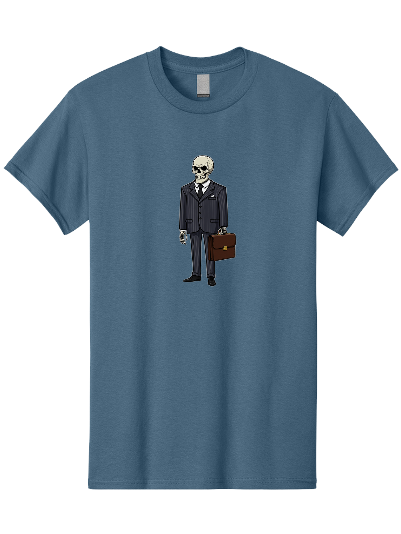 Skeleton-In-Suit Men'S Graphic Tee, 100% Cotton, Comfortable Casual Summer Wear, Machine Washable, Skeleton Wearing A Suit, Briefcase In Hand, Business Attire, Formal Wear, Black Tie, White Shirt, Striped Pants, Corporate Style, Spooky, Bad576
