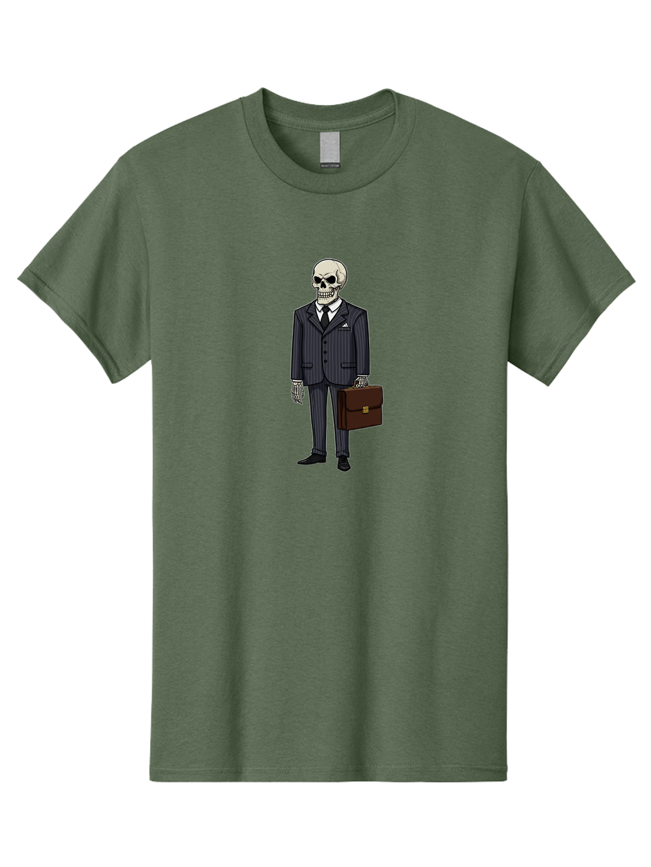 Skeleton-In-Suit Men'S Graphic Tee, 100% Cotton, Comfortable Casual Summer Wear, Machine Washable, Skeleton Wearing A Suit, Briefcase In Hand, Business Attire, Formal Wear, Black Tie, White Shirt, Striped Pants, Corporate Style, Spooky, Bad576