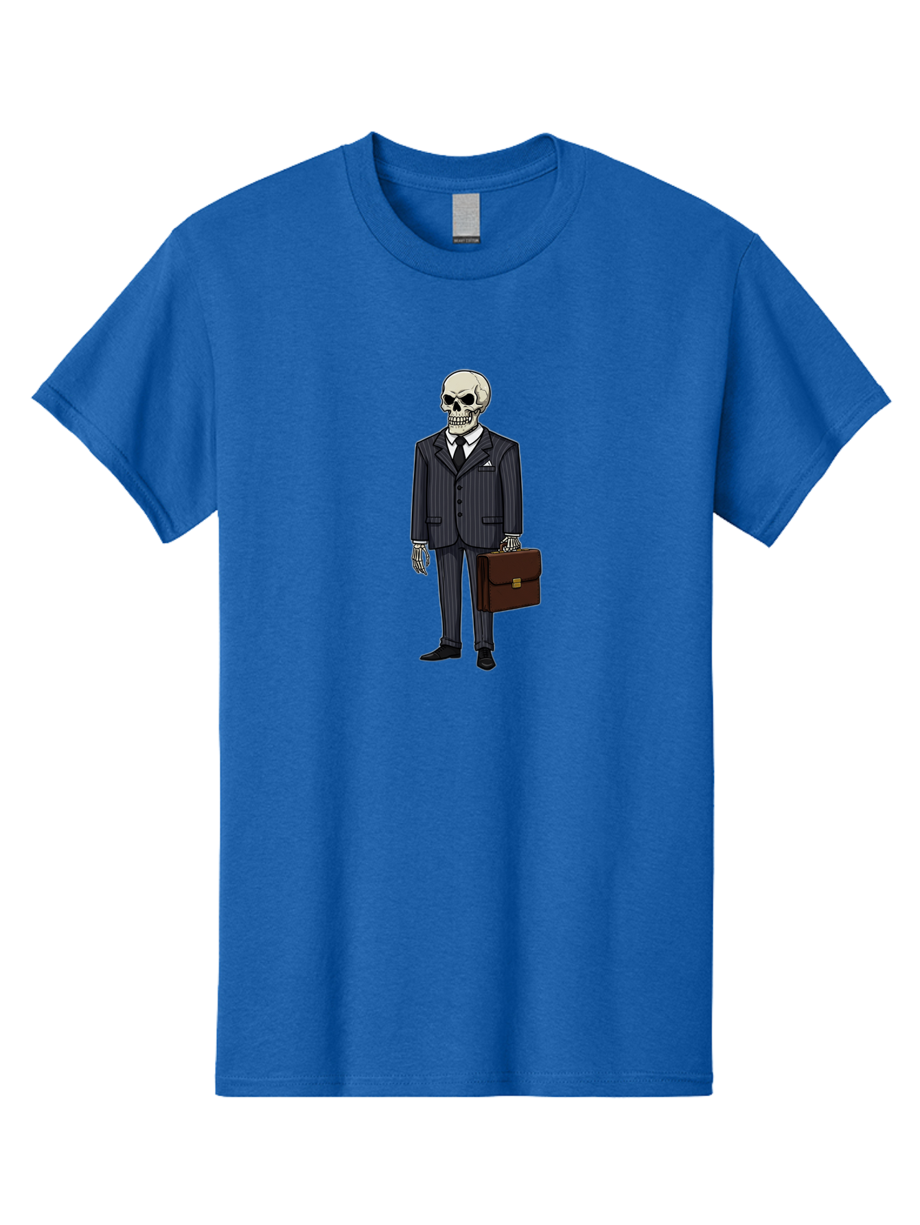 Skeleton-In-Suit Men'S Graphic Tee, 100% Cotton, Comfortable Casual Summer Wear, Machine Washable, Skeleton Wearing A Suit, Briefcase In Hand, Business Attire, Formal Wear, Black Tie, White Shirt, Striped Pants, Corporate Style, Spooky, Bad576
