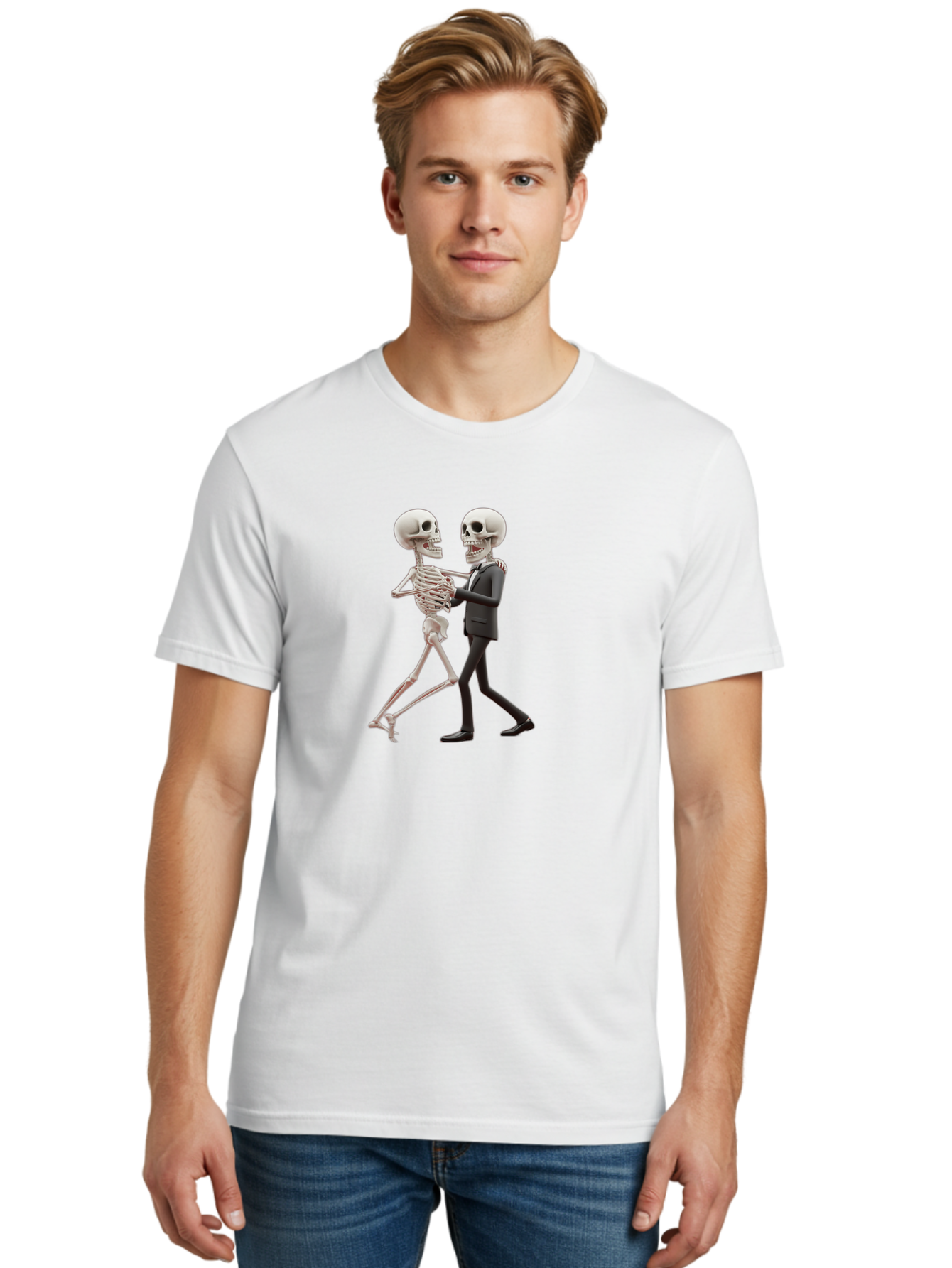 Skeletons-Dancing Men'S Graphic Tee, 100% Cotton, Comfortable Casual Summer Wear, Machine Washable, Skeletons Dancing Together, Humorous Scene, Unique Visuals, Creative Art, 3D Artistry, Skeleton In Suit, Quirky Character Design, Dance Move, Bad577