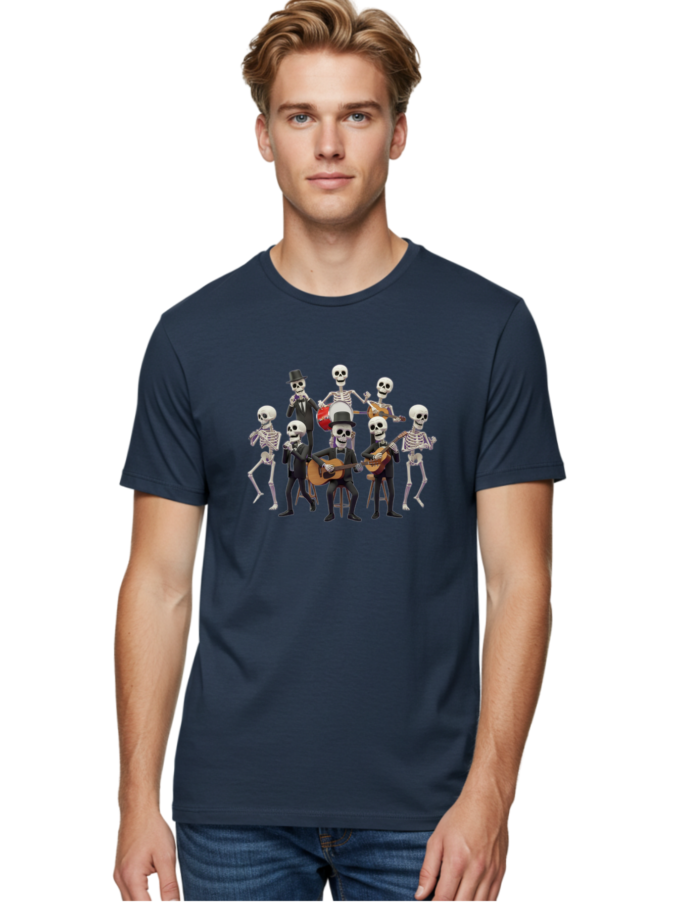Skeletons-Playing-Music Men'S Graphic Tee, 100% Cotton, Comfortable Casual Summer Wear, Machine Washable, Skeletons In Suits, Playing Guitars, Dancing, Black Suits, Top Hats, Skulls, Bones, Musical Instruments, Mariachi Band, Day Of The Dead Bad578