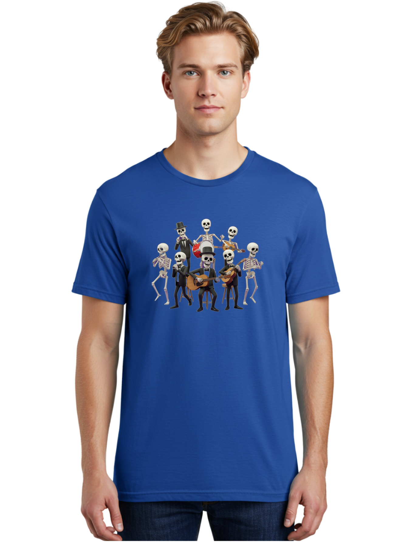 Skeletons-Playing-Music Men'S Graphic Tee, 100% Cotton, Comfortable Casual Summer Wear, Machine Washable, Skeletons In Suits, Playing Guitars, Dancing, Black Suits, Top Hats, Skulls, Bones, Musical Instruments, Mariachi Band, Day Of The Dead Bad578