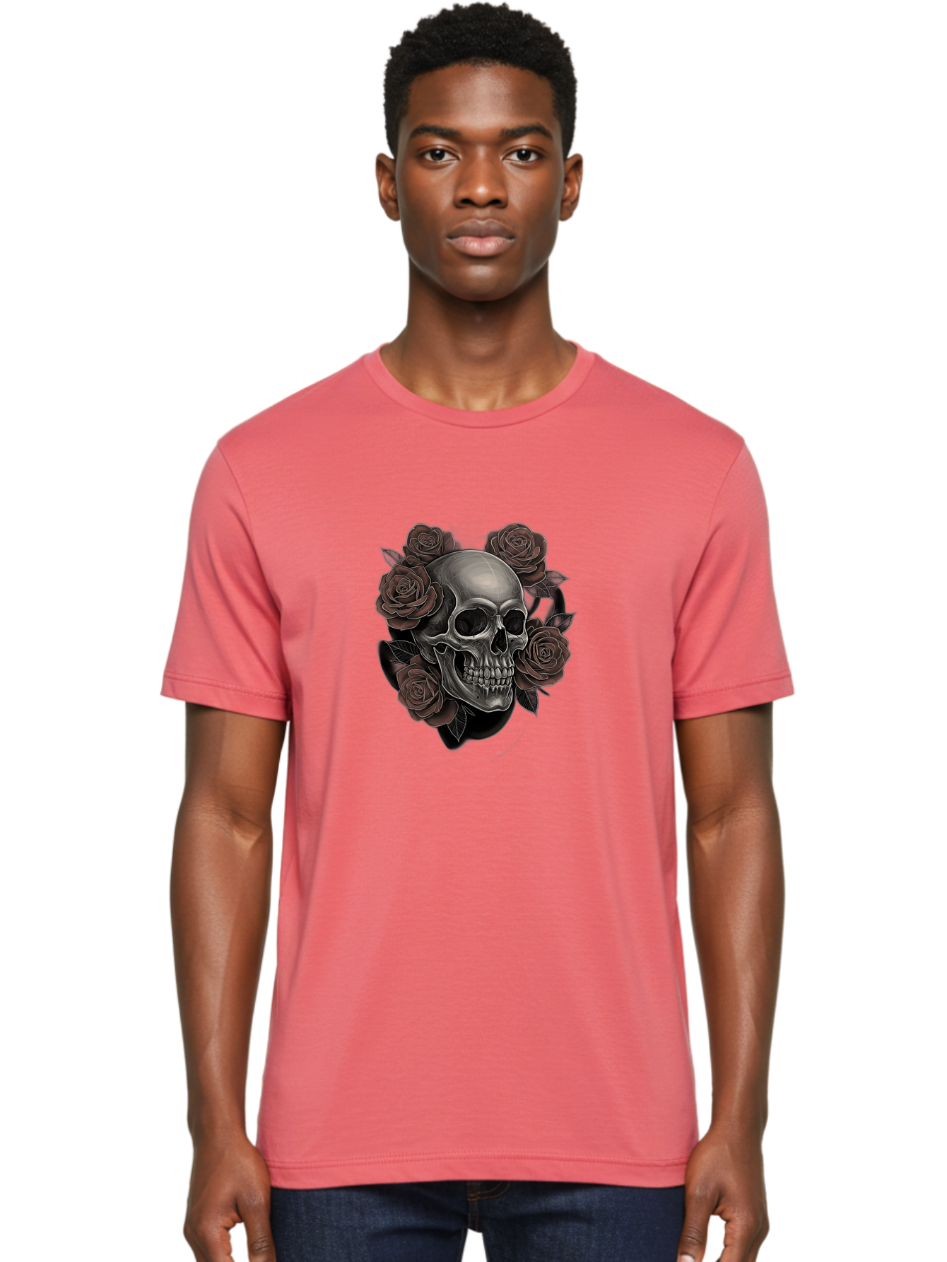 Skull-And-Roses Men'S Graphic Tee, 100% Cotton, Comfortable Casual Summer Wear, Machine Washable, Skull Illustration, Dark Roses, Gothic Art, Tattoo Design, Human Skull, Floral Arrangement, Dark Art, Monochromatic, Dramatic Effect, Bad579