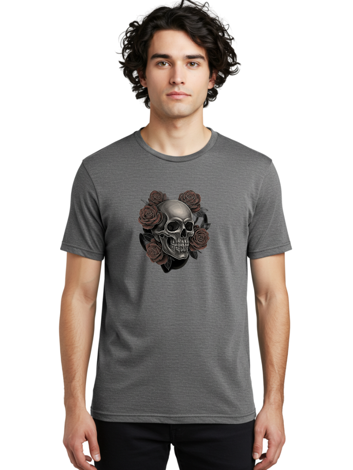 Skull-And-Roses Men'S Graphic Tee, 100% Cotton, Comfortable Casual Summer Wear, Machine Washable, Skull Illustration, Dark Roses, Gothic Art, Tattoo Design, Human Skull, Floral Arrangement, Dark Art, Monochromatic, Dramatic Effect, Bad579