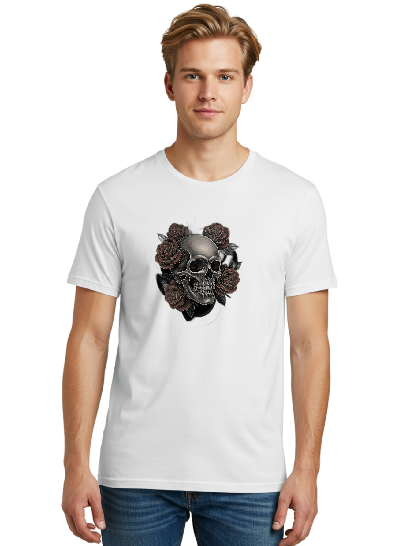 Skull-And-Roses Men'S Graphic Tee, 100% Cotton, Comfortable Casual Summer Wear, Machine Washable, Skull Illustration, Dark Roses, Gothic Art, Tattoo Design, Human Skull, Floral Arrangement, Dark Art, Monochromatic, Dramatic Effect, Bad579
