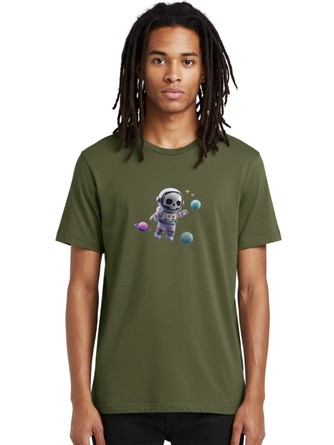 Skull-Astronaut Men'S Graphic Tee, 100% Cotton, Comfortable Casual Summer Wear, Machine Washable, Skeleton Astronaut, Space Travel, Planets, Stars, Galaxy Exploration, Futuristic, Sci-Fi, Cosmic Adventure, Space Suit, Digital Art, Bad580