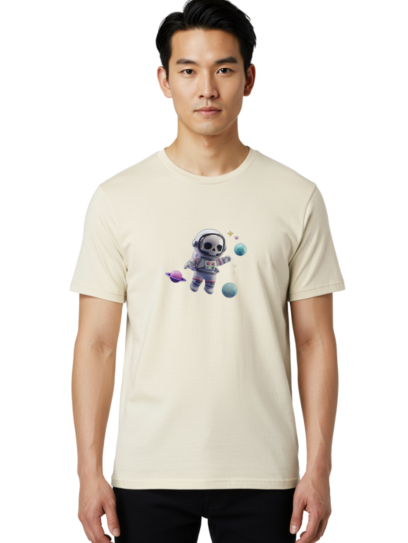 Skull-Astronaut Men'S Graphic Tee, 100% Cotton, Comfortable Casual Summer Wear, Machine Washable, Skeleton Astronaut, Space Travel, Planets, Stars, Galaxy Exploration, Futuristic, Sci-Fi, Cosmic Adventure, Space Suit, Digital Art, Bad580